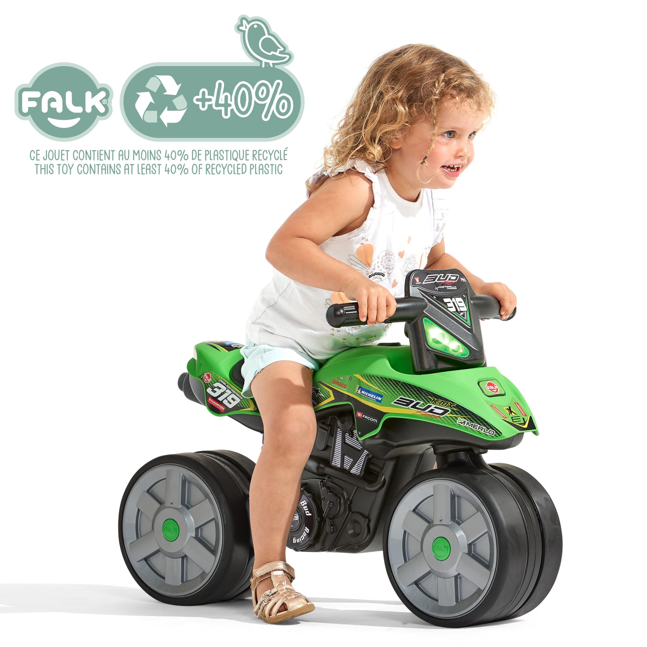 Falk 502BRS - Draisienne Moto Bud Racing - Verde - Ruedas silenciosas - A Partir de 2 años - 40% de plástico Reciclado - Fabricado en Francia