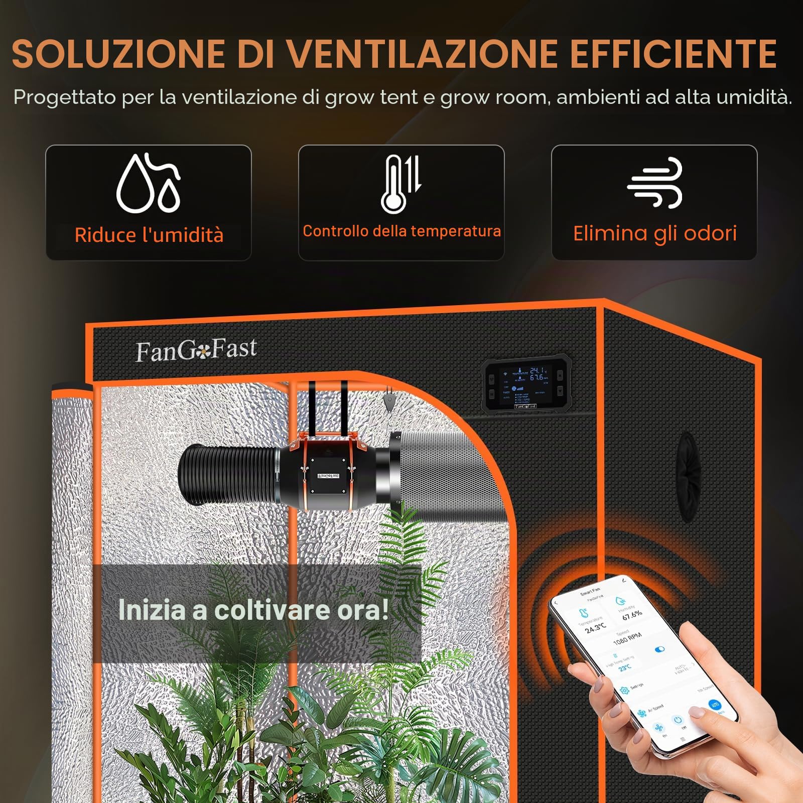 FanGoFast 150 mm Wifi App estrattore d'aria, Avec controllo della temperatura e dell'umidità, motore EC, ventola di aspirazione da 2550 giri/min. per sovralimentatori, tende, serre e grow room