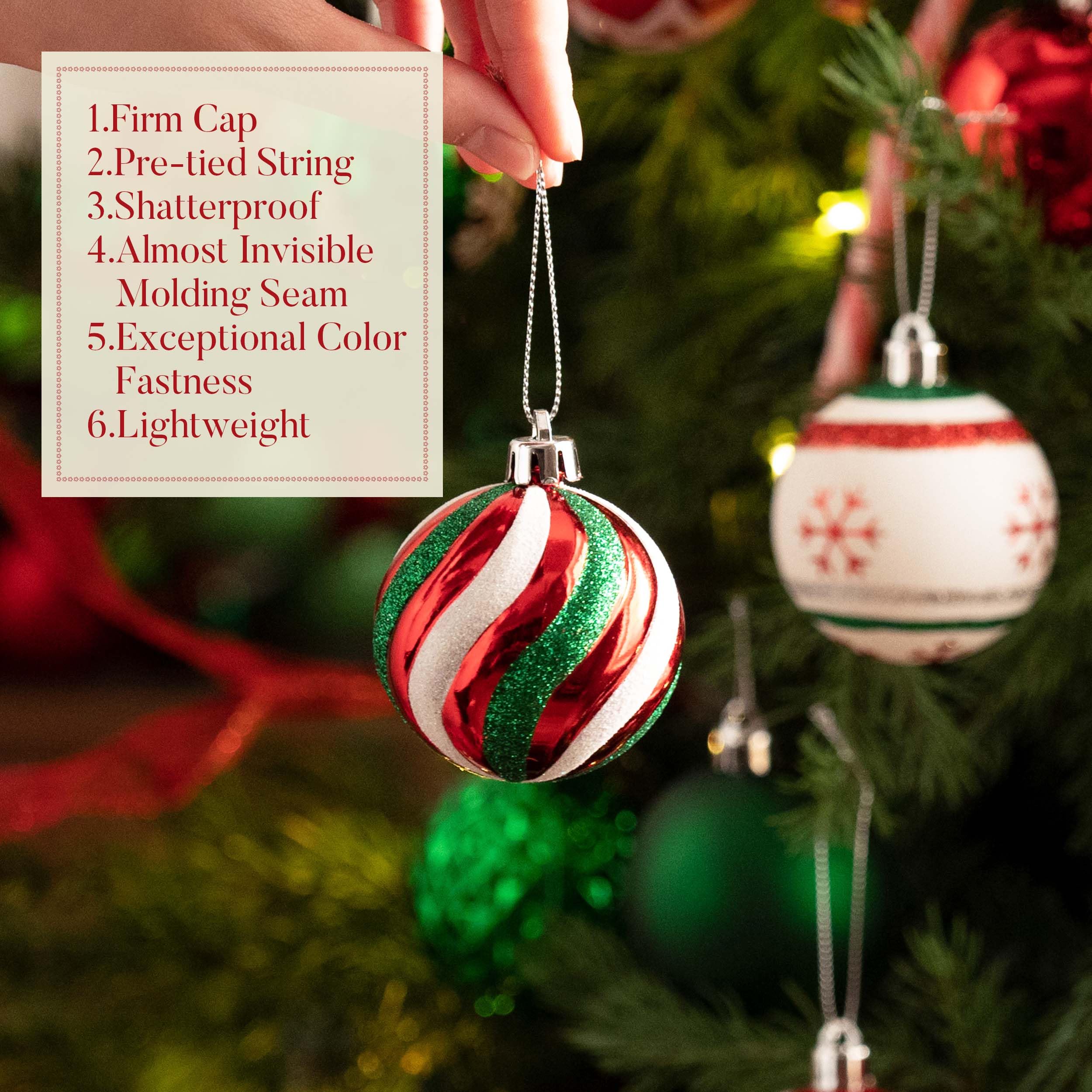 Valery Madelyn Boule de Noël incassable 30 carats 60 mm Rouge Vert Blanc Décoration de Noël à thème avec jupe de sapin (non incluse)