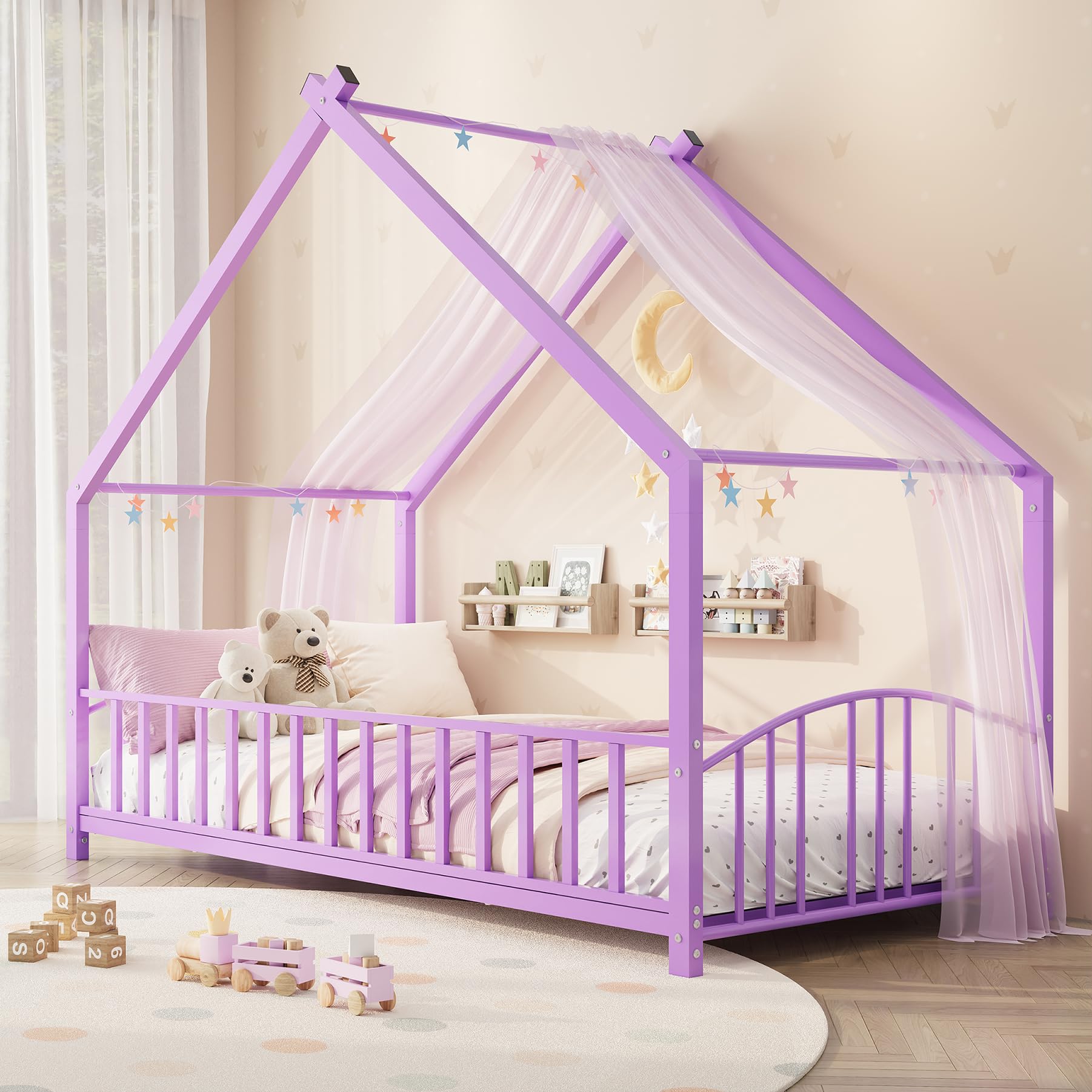 Garvee Twin Size House Shape Bed Frame with Rail, Purple