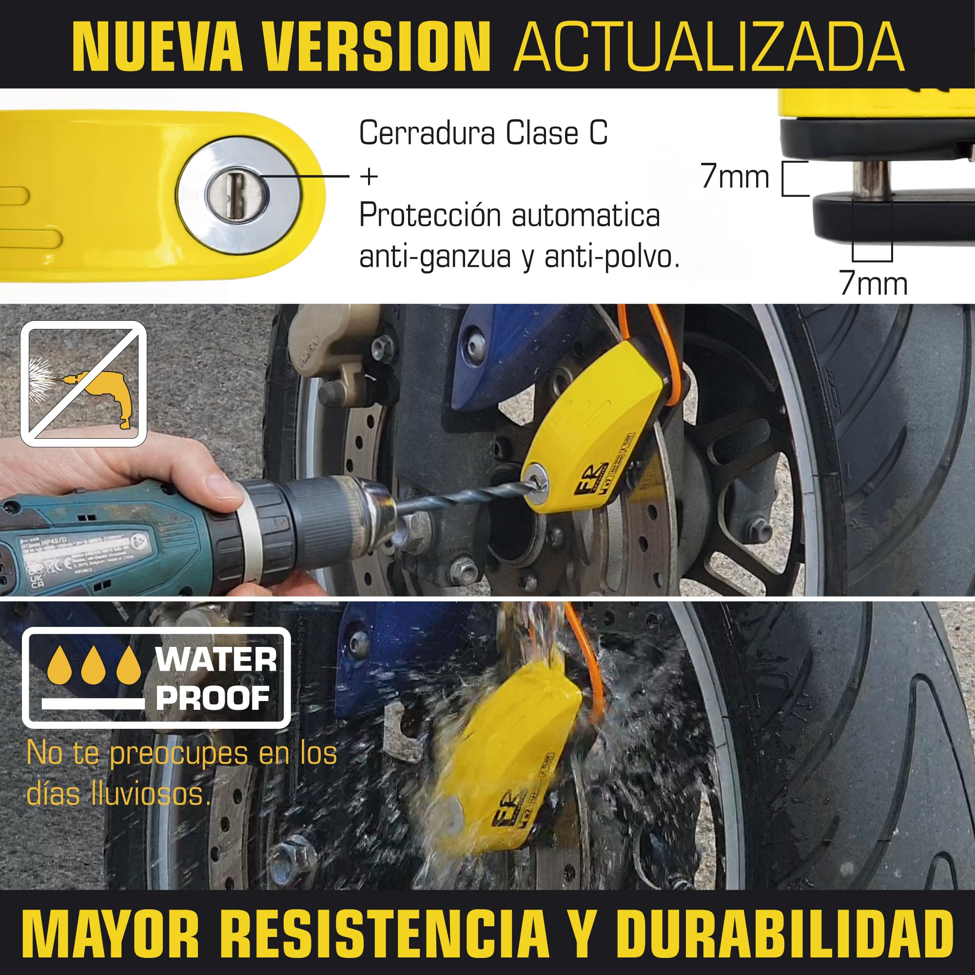 FR Sécurité FR7Y Candado Moto Disco con Alarma 110 DB, Antirrobo Moto Freno 7mm con Accesorios 1.5m Cable Recordatorio y Candado Bolsa, Pinza Moto Antirrobo para Motocicletas Bicicleta