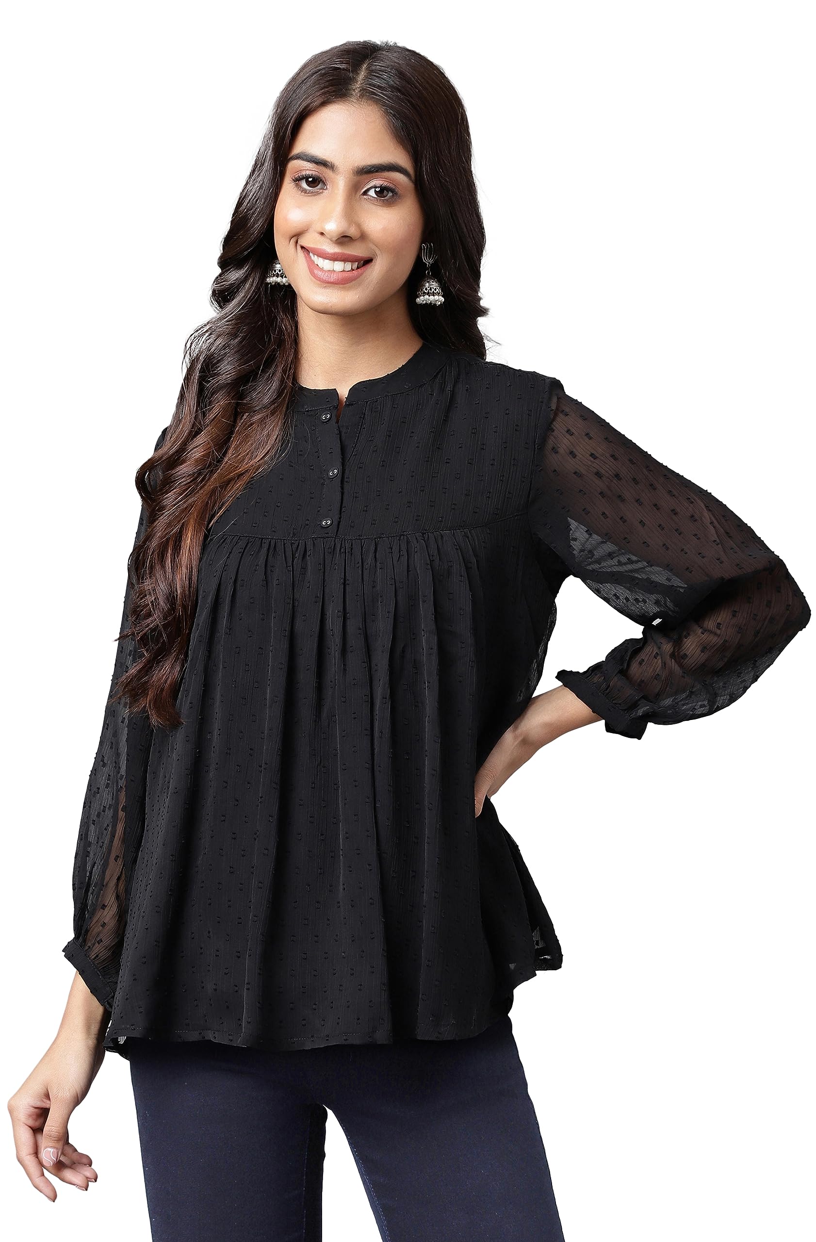 Janasya Women's Black Dobby Chiffon Solid Empire Top in black