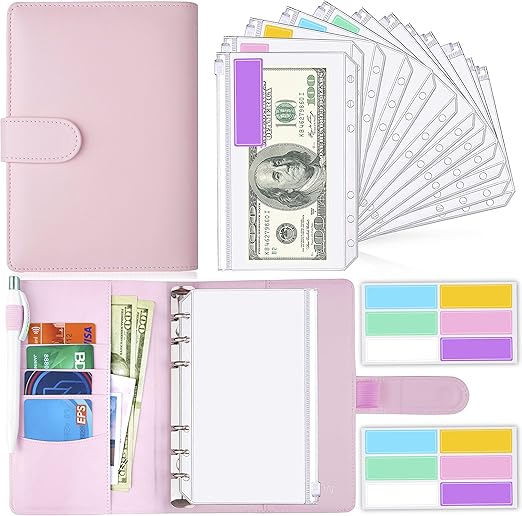 Saveyon A6 Binder and 12 Clear Envelopes, Budget Binder and Cash Envelopes for Budgeting, Mini Cash Envelope Wallet, Small Budget Planner in Pink, Stay Organized with Style and Efficiency