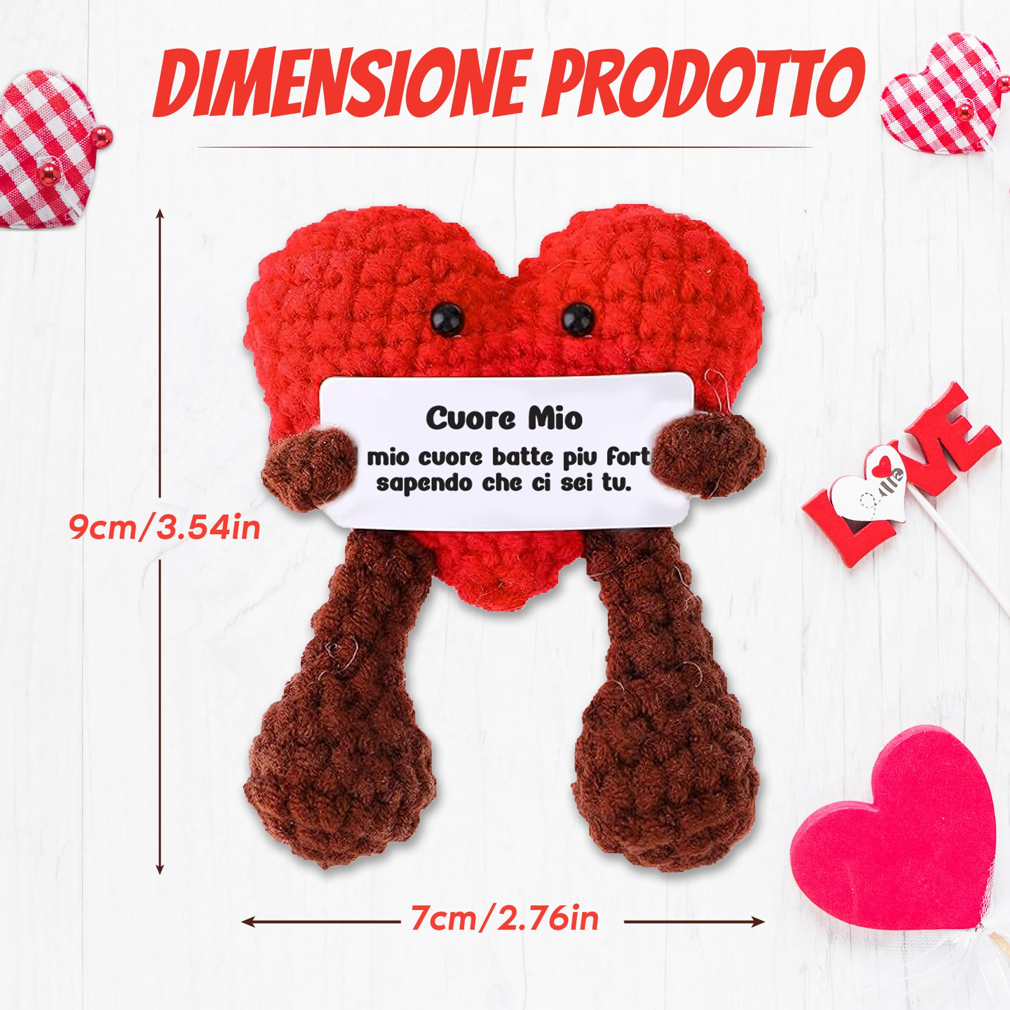 WELCOMAT Cuore Mio, Messaggio Romantico in Italiano, Mini Bambola, Idea Regalo per Anniversario, Mesiversario, Coppia, Amici, Coppia, Lavorata a Maglia Patata Positiva
