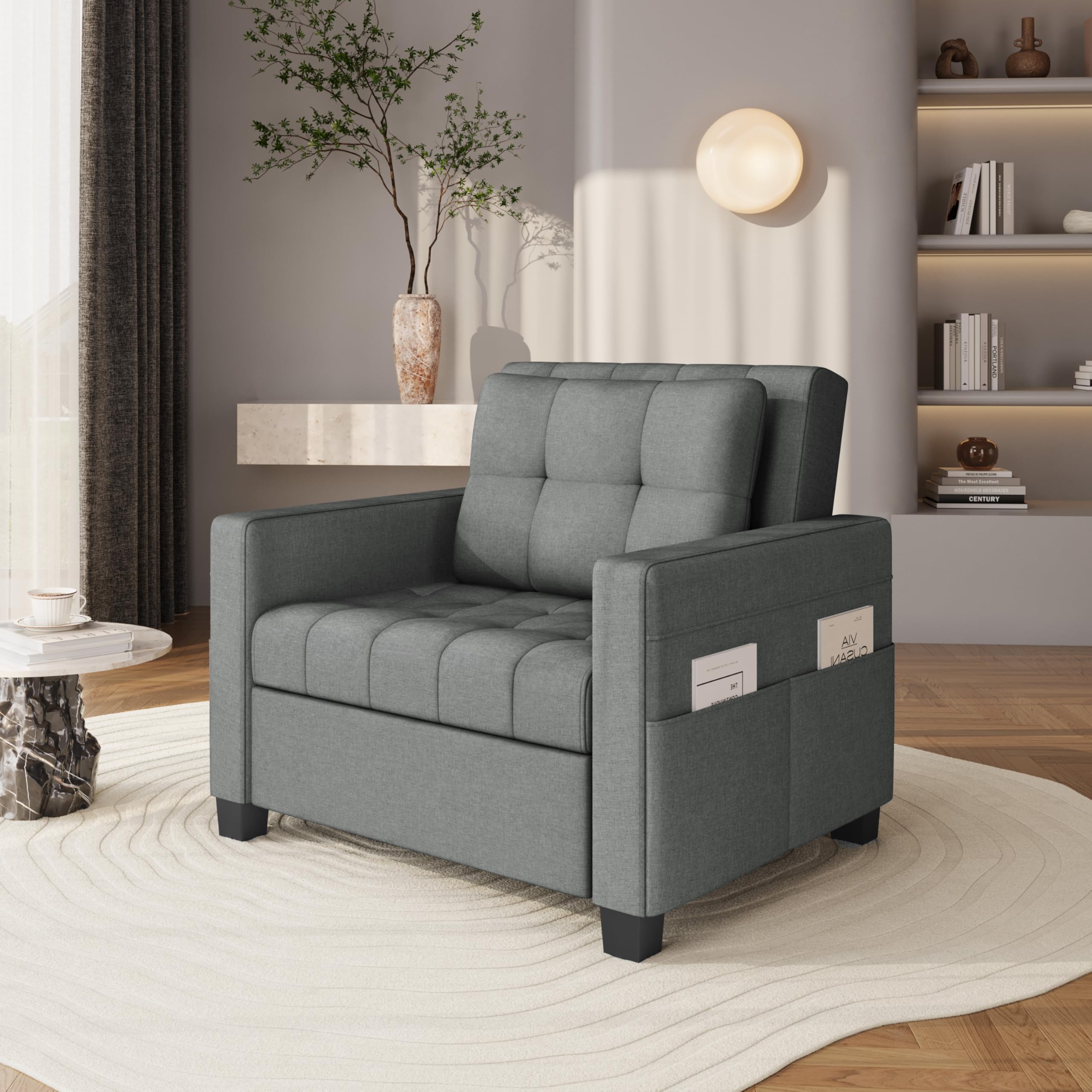 Divano Letto Singolo Divano Pieghevole Imbottito a 1 Posto Poltrona Letto da Salotto Divano Trasformabile in Tessuto per Soggiorno (Grigio Chairo)