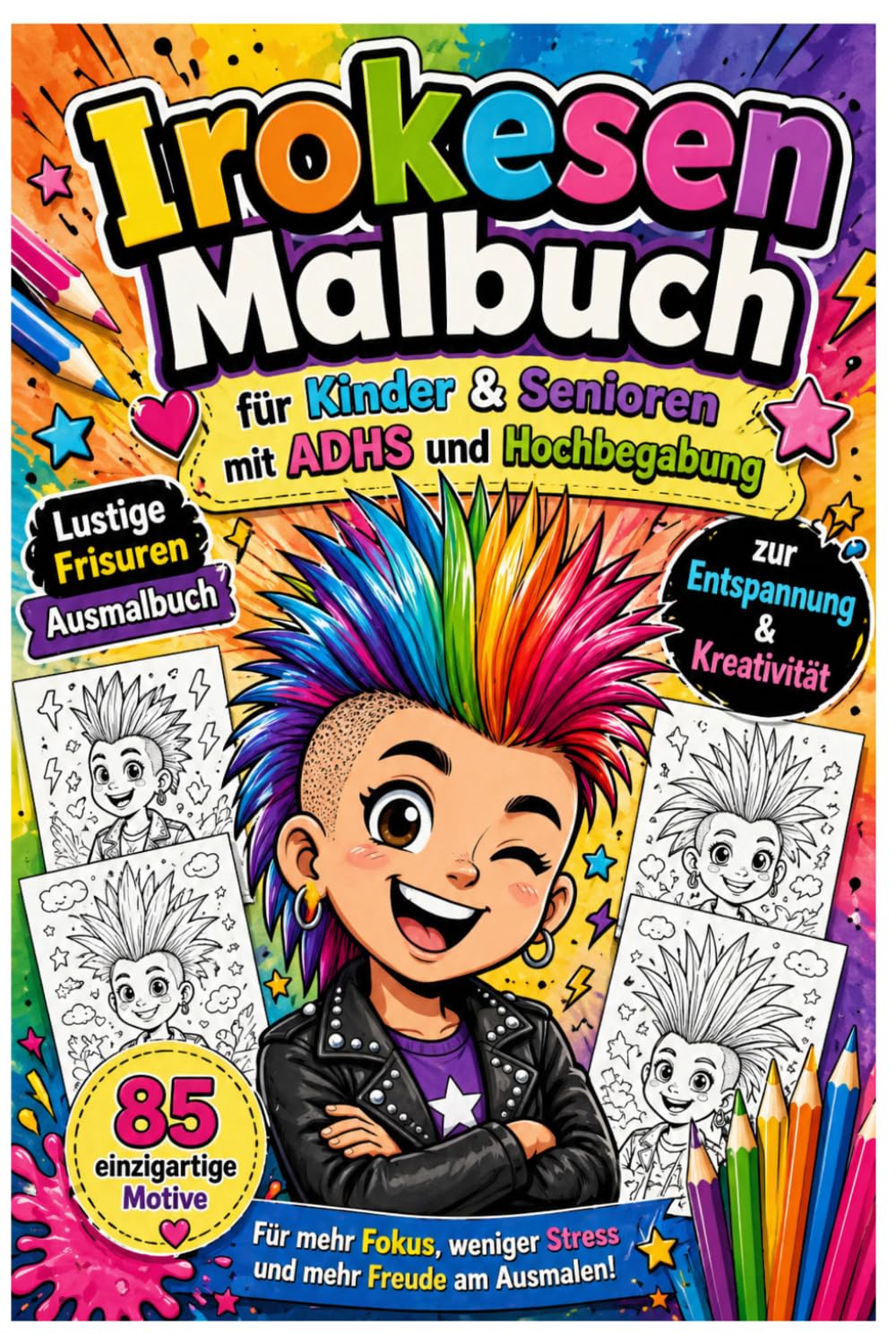Irokesen Malbuch für Kinder & Senioren mit ADHS und Hochbegabung – Lustige Frisuren Ausmalbuch zur Entspannung & Kreativität: 85 kreative Motive auf ... für Fokus, Ruhe und Spaß für Kinder