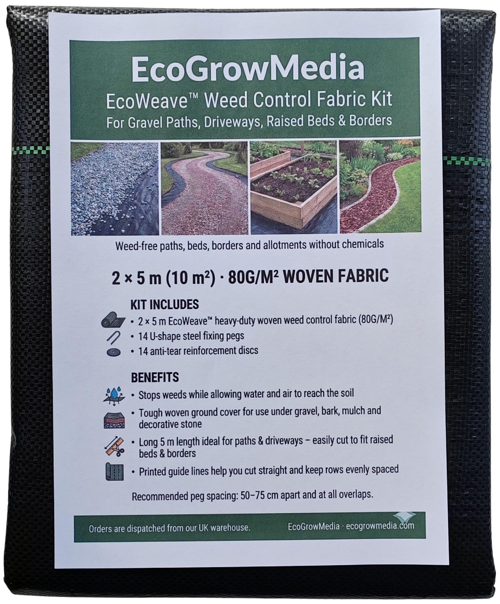 EcoGrowMedia Heavy Duty Weed Control Fabric 2m x 5m — Complete Kit with 14 Steel Pegs, Anti-Tear Discs & Gloves — 80gsm Woven Garden Membrane for Paths, Driveways, Raised Beds & Borders | EcoWeave