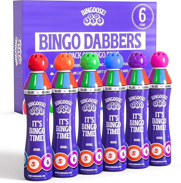 Bingo Dabbers - Confezione da 6 penne da bingo con punta in spugna con inchiostro luminoso, tappo a vite, non perdono, pennarelli a lunga durata per divertimento notturno - 1