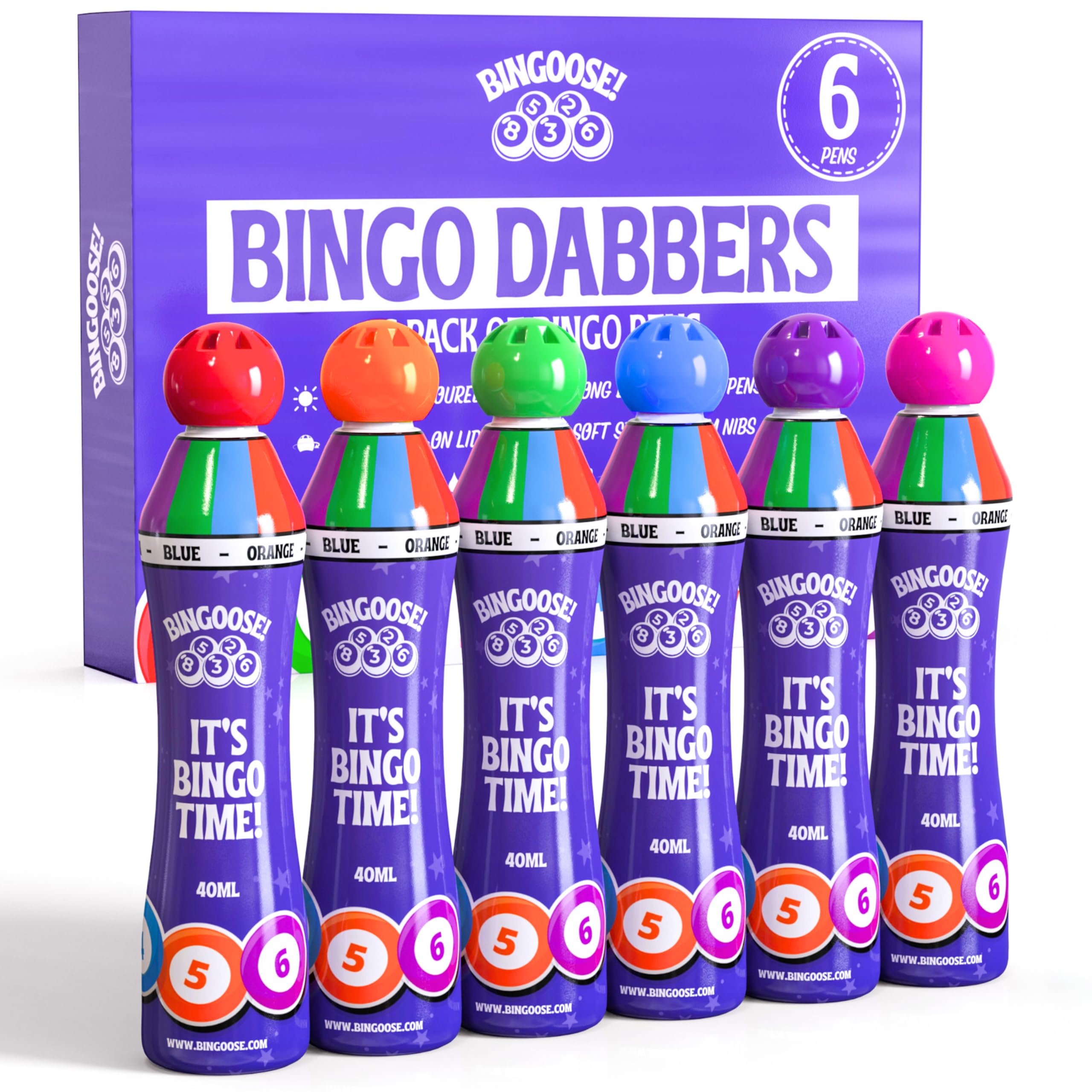 Bingo Dabbers Pack of 6 for Dotting Game Books, Tickets, Sheets & Cards - Sponge Tip Jumbo Bingo Pens with Bright Marker Ink - Screw Top, Non Leak Dot Markers - Long-Lasting Daubers for Game Night Fun