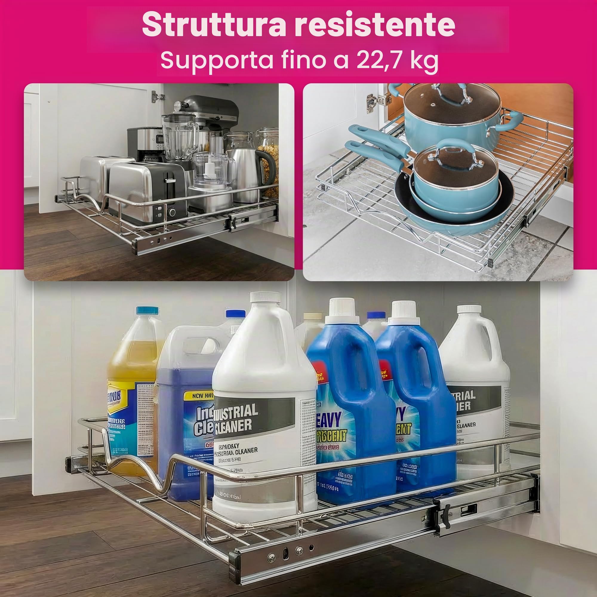 HOLD N' STORAGE - Organizer estraibile per cassetti, resistente, con ripiani estraibili, 28 x 53 cm (larghezza x profondità), richiede almeno un'apertura da 30,6 cm, metallo in acciaio, finitura | Cassetti per armadi in acciaio cromato, richiede almeno 30