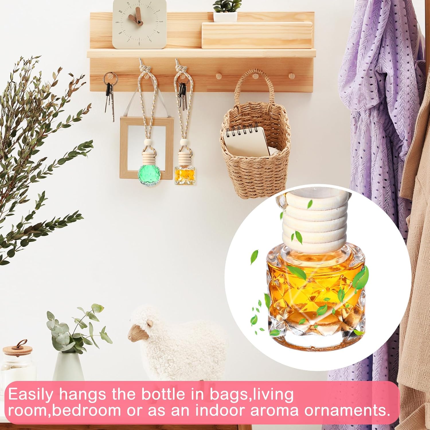 BBTO 200 Pcs Hanging Car Diffuser Bottle Bulk, Empty Glass Round & Spherical Diamond Shaped Air Freshener Bottles with Wooden Cap for Perfume Essential Oils Fragrance Aromatherapy Ornament, 8ml 11ml