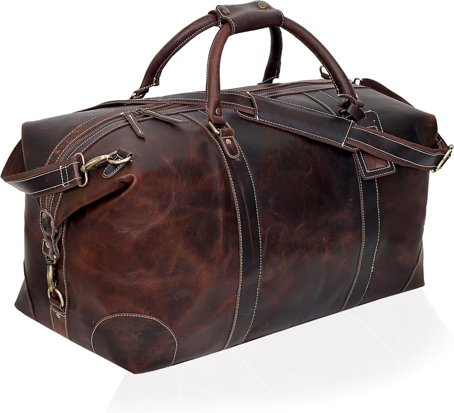 Leather Travel Duffle Bag 24 inch Genuine Buffalo Leather Sports Bag Gym Duffel for Men Airplane Under Seat Carry on Bags Overnight Weekender Duffel (Brown)