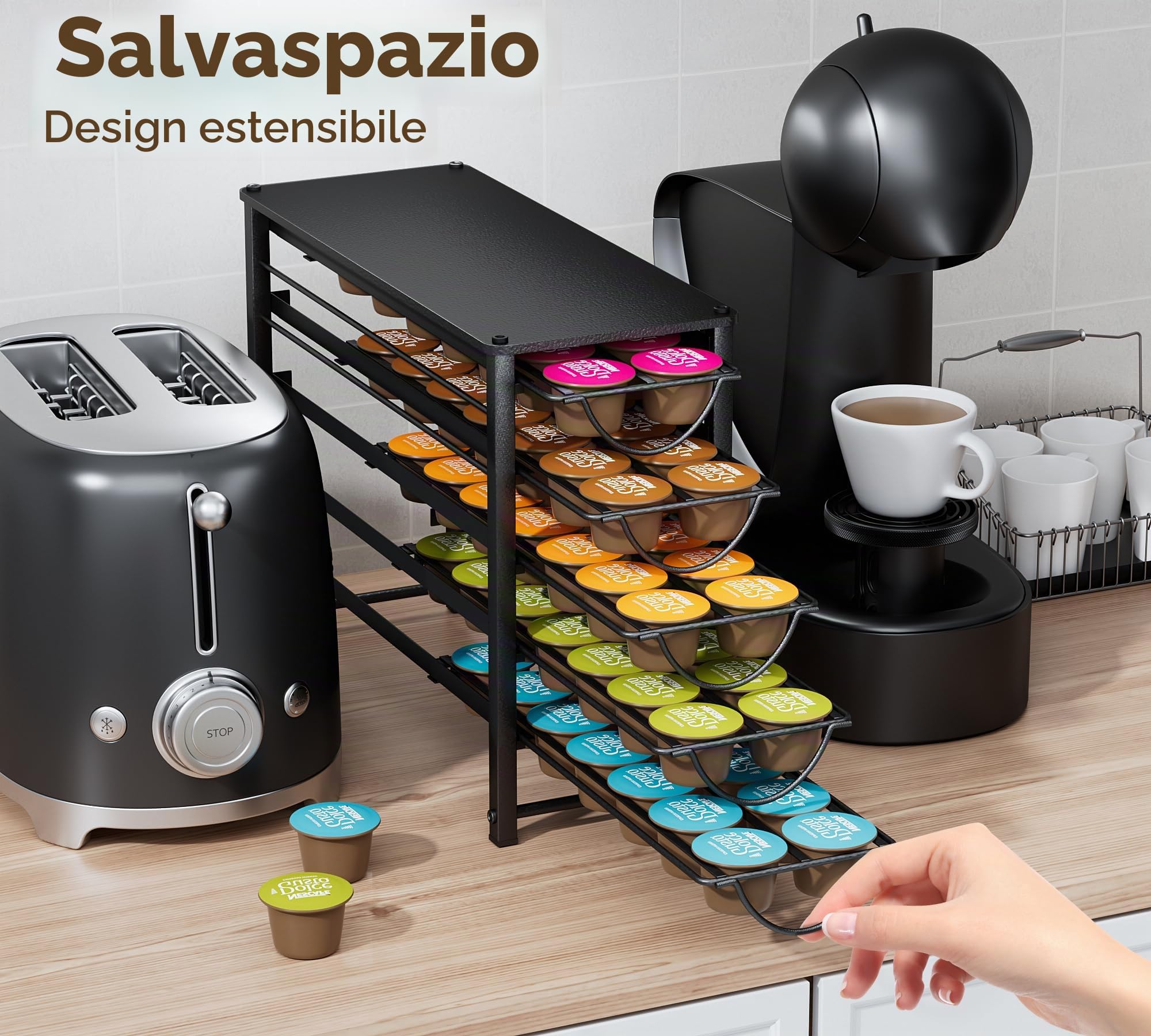HFHOME Cassetto Porta Capsule Caffè a 5 Livelli, 70 Porta Cialde Capsule per Dolce Gusto, Porta Cialde con Scorrimento Silenzioso, Portacapsule in Metallo per Piccoli Spazi in Cucina