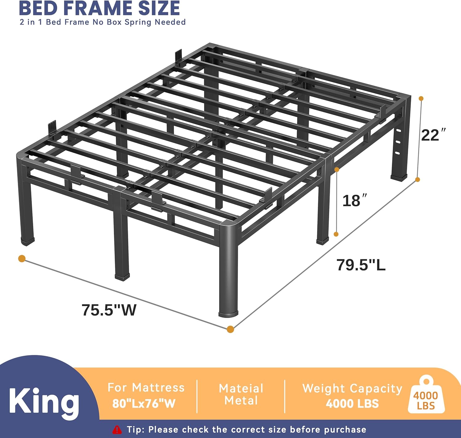 22 Inch King Bed Frame, Double Layer Heavy Duty Metal Platform 4000 lbs Capacity, Bed Frames with Headboard Holes, Round Corner Legs, Mattress Slide Stopper, Easy Assembly