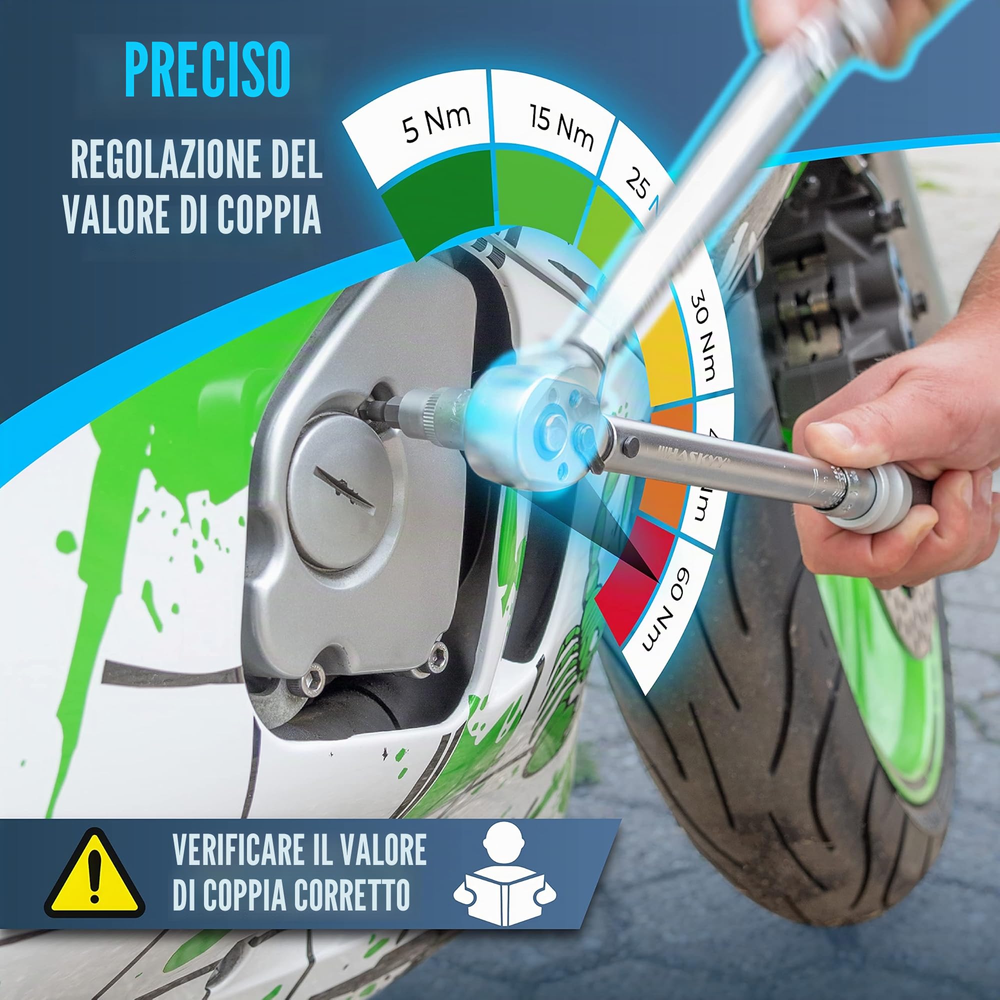 HASKYY Set di chiavi dinamometriche da 3/8", 5-60 Nm, per moto, chopper, moto personalizzate, con molti accessori come barra di estensione, punte, dadi a bussola, adattatore
