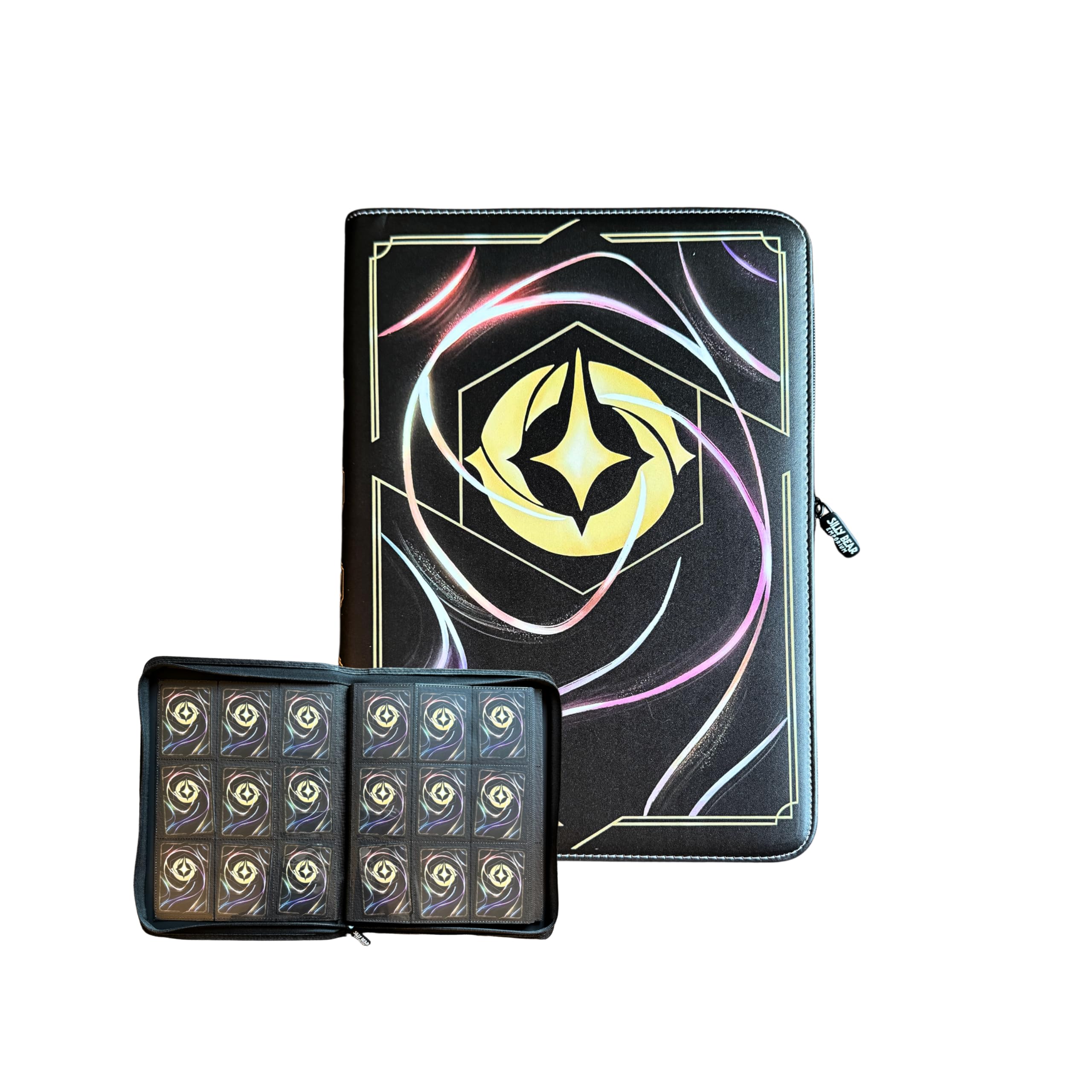 Premium Silly Bear Emporium Lorcana Card Back Themed 360 Side-Loading Pocket Binder for TCG Trading Cards | Compatible with Lorcana, Yugioh, One Piece, Pokemon, Magic (9 Pockets - Black)