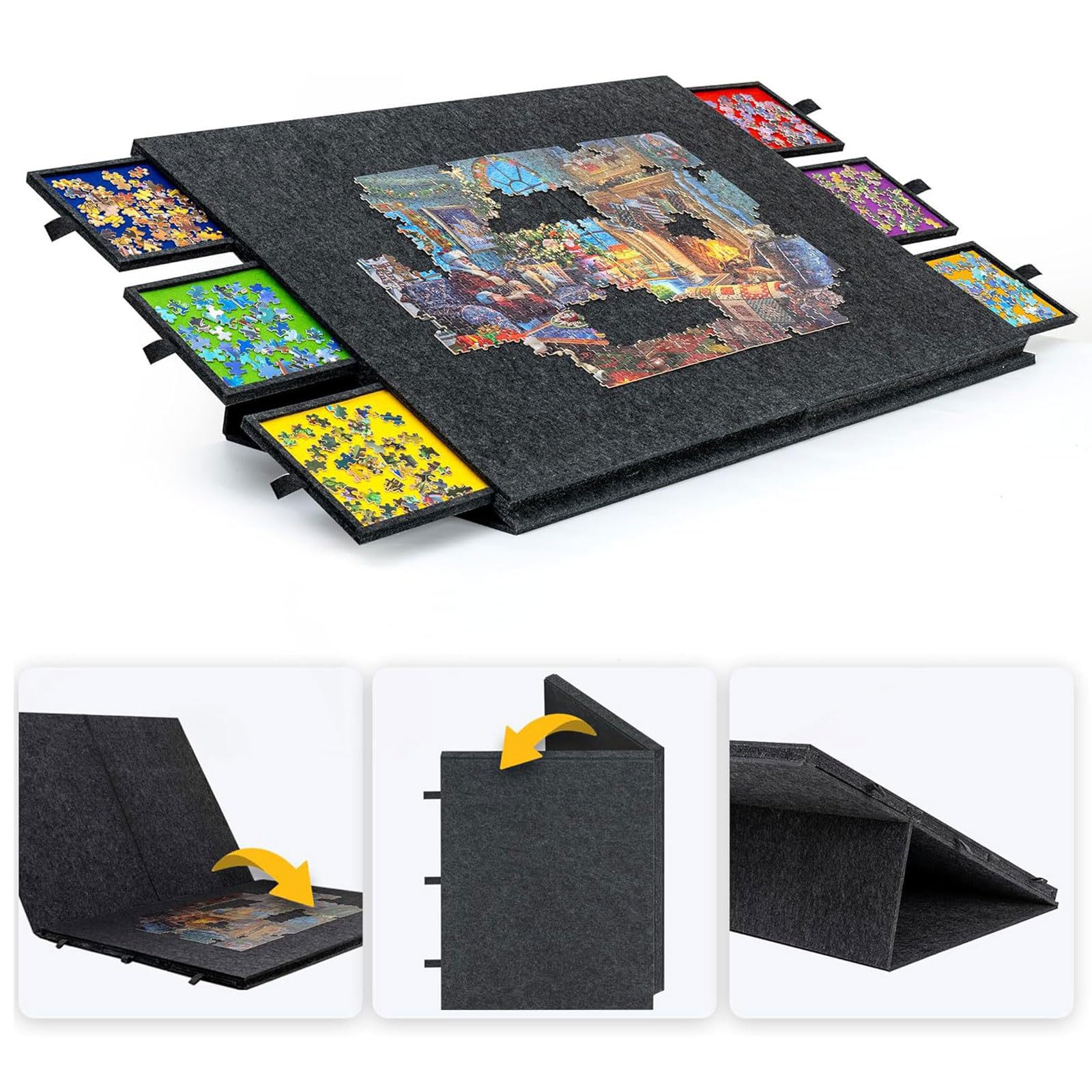 Plateau de Puzzle Inclinable,Table À Puzzle 2-en-1 Pliable avec 6 Tiroirs,Étui de Rangement Léger en Feutre avec 6 Tiroirs,Facile à Ranger,Antidérapante,pour jusqu'à 1000 à 2000 pièces