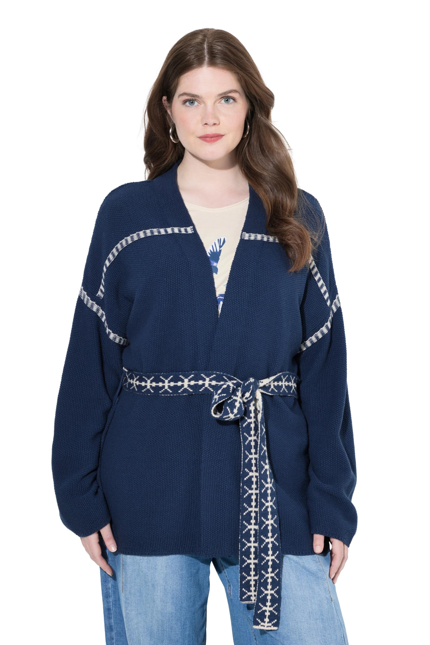 Ulla Popken Damen große Größen Übergrößen Plus Size Strickjacke, Zierstreifen, Oversized, Bindegürtel, Langarm 835141