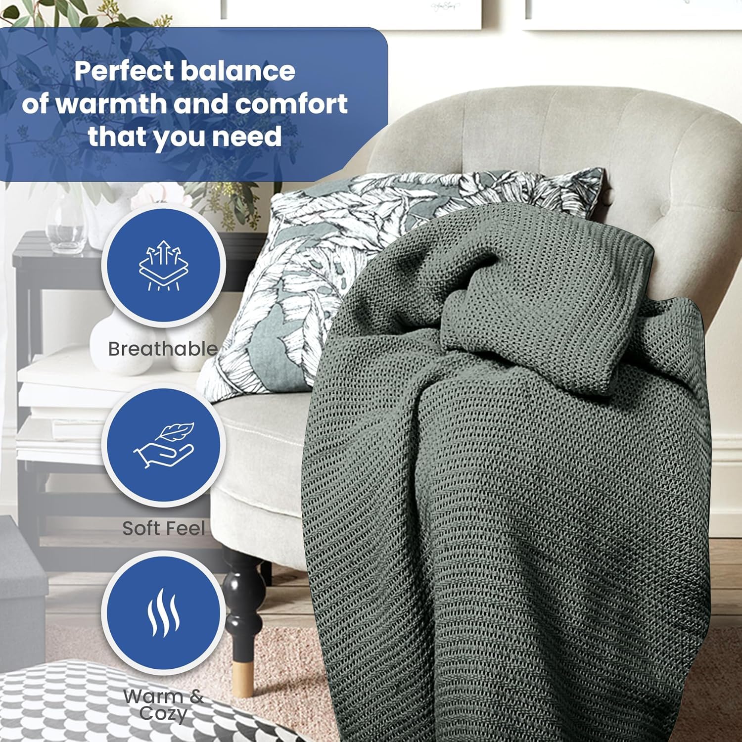 بطانية مريحة وناعمة ودافئة ومتينة وفاخرة ومنفوشة للغاية بتصميم نسيج لينو مصنوعة من القطن بنسبة 100% للسرير والاريكة في كافة المواسم لينتيوم تيكستايل سابلاي مقاس كوين لون رمادي جليدي