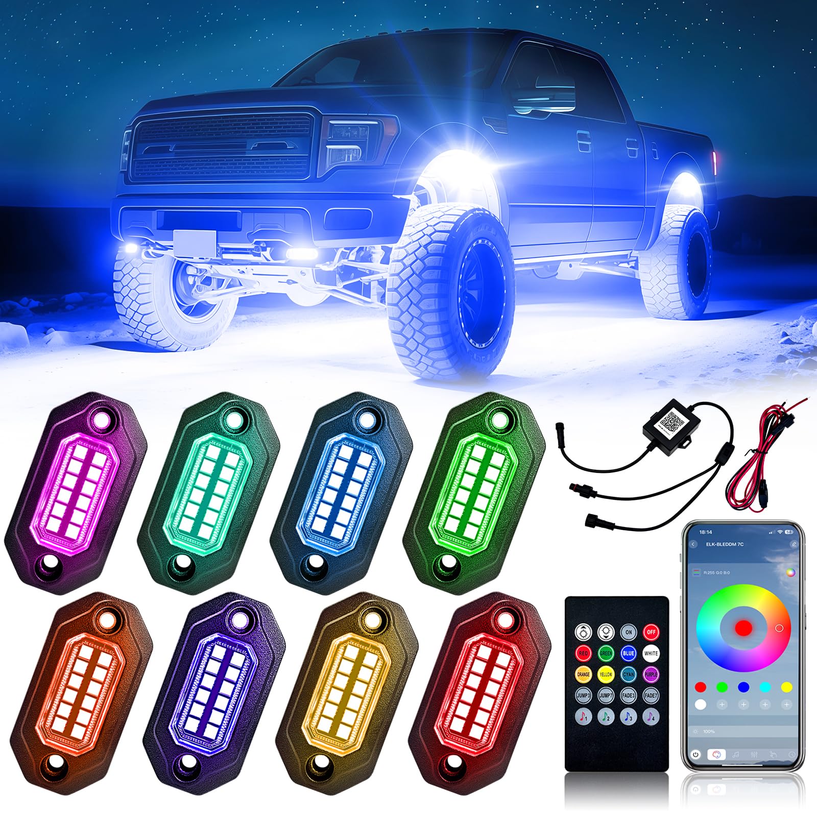 8 Pods RGB LED Rock Lights w/Bluetooth APP& Remote Control, Aluminum Housing, IP68 Waterproof for Boat Trucks Jeep UTV SUV ATV Golf Cart