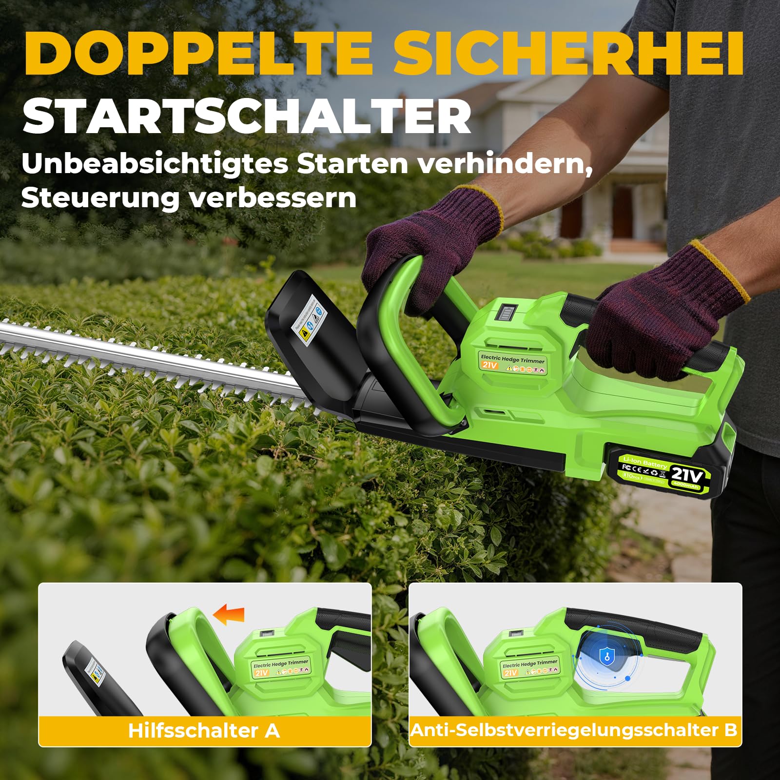 Heckenschere Akku, 50cm Elektrische Heckenschere für Makita Akkus, 800W Heckenschere mit 2 * 4000mAh Akku & Ladegerät, 16 mm Zahnabstand Dual Schnittklingen, Leicht für Garten, Hecken, Sträucher