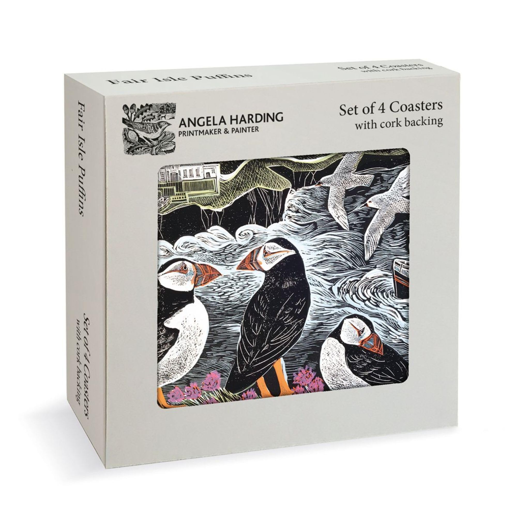 Museums & Galleries Set of 4 Coasters - 'Fair Isle Puffins' by Angela Harding Design - Cork Backed - Statement Coasters for the Home