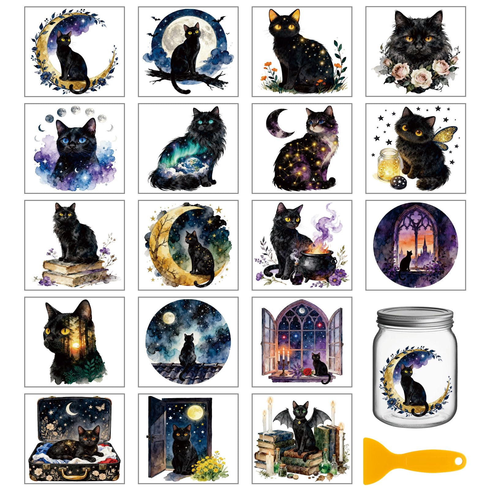 GLOBLELAND 18 Sheets Night Black Cat Transfer Stickers 3.9x3.6 Inch