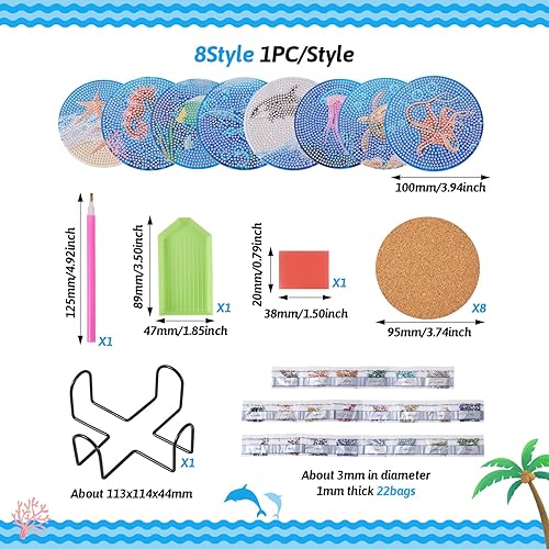 Miniatura 2 de Craftdady Juego de 8 piezas de pintura de diamantes oceánicos para adultos, posavasos de arte de diamantes con soporte, posavasos acrílicos para
