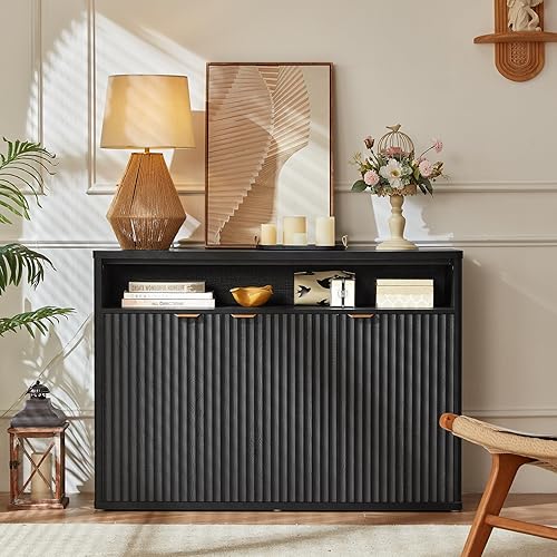 Miniatura 3 de LEYAOYAO Armario de buffet estriado con almacenamiento, aparador de madera de 45 pulgadas de ancho con 3 puertas y estante de almacenamiento