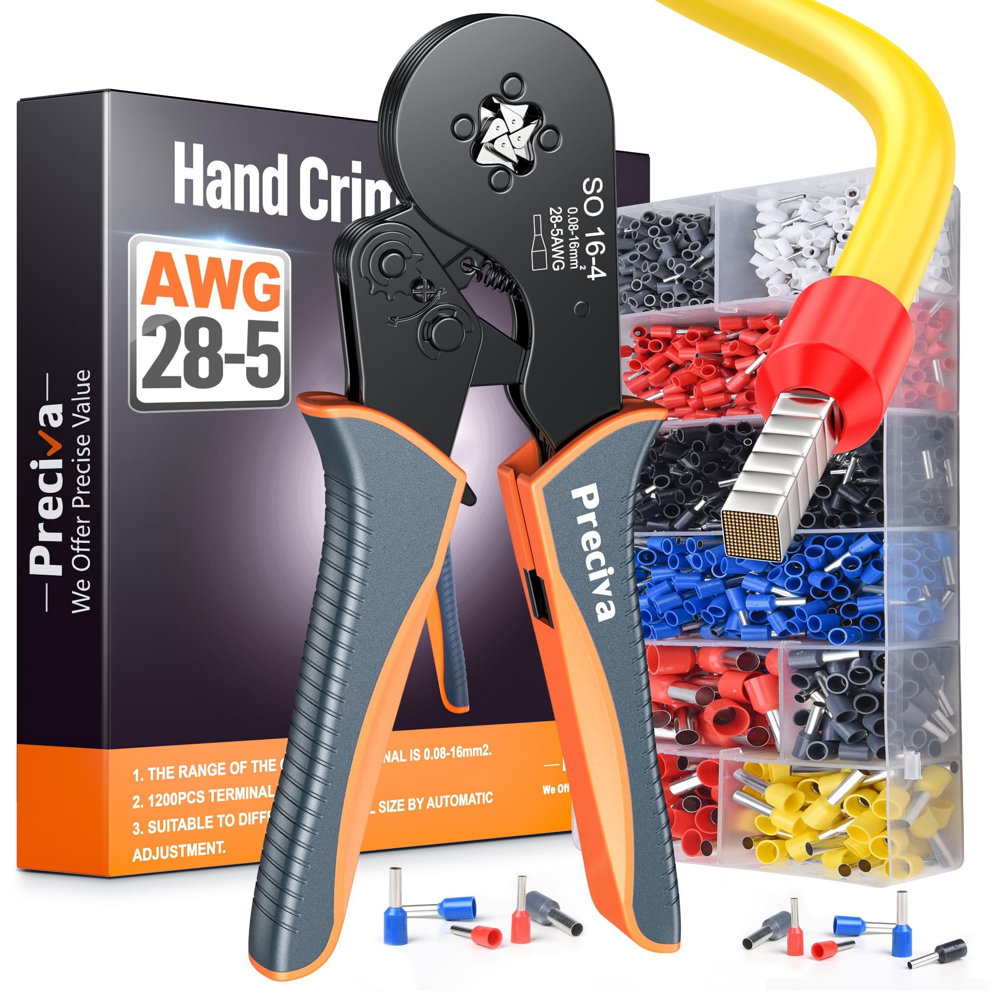 Ferrule Crimping Tool Kit, Square Crimping Tools, Ratchet Jaw Wire Crimping Pliers for AWG 28-5 with 1200 PCS Terminal Connector Sleeves