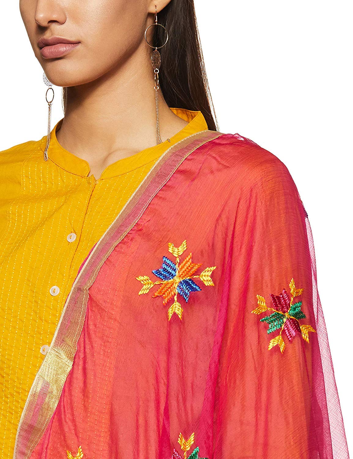 Weavers Villa Punjabi Hand Embroidery Phulkari Buty Work Faux Chiffon Pink Dupatta, Stoles, 2.25 Mtrs