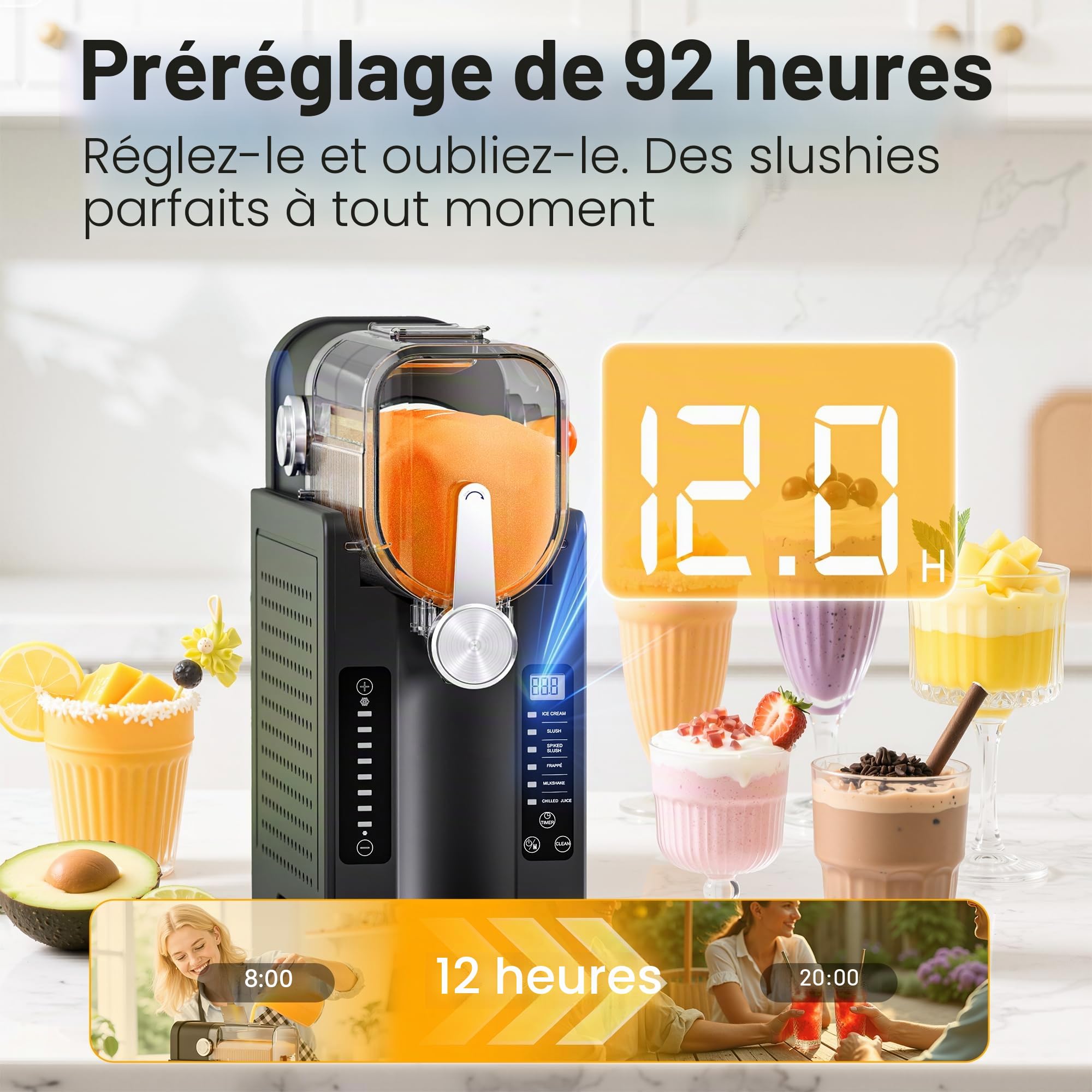 INITIO Machine à slush, 2L Machine à slushi pour la maison pour slushi, frappé, milkshake et margaritas, sans glace nécessaire, écran LED, autonettoyant, noir, AD03, 6 programmes + 1 pack