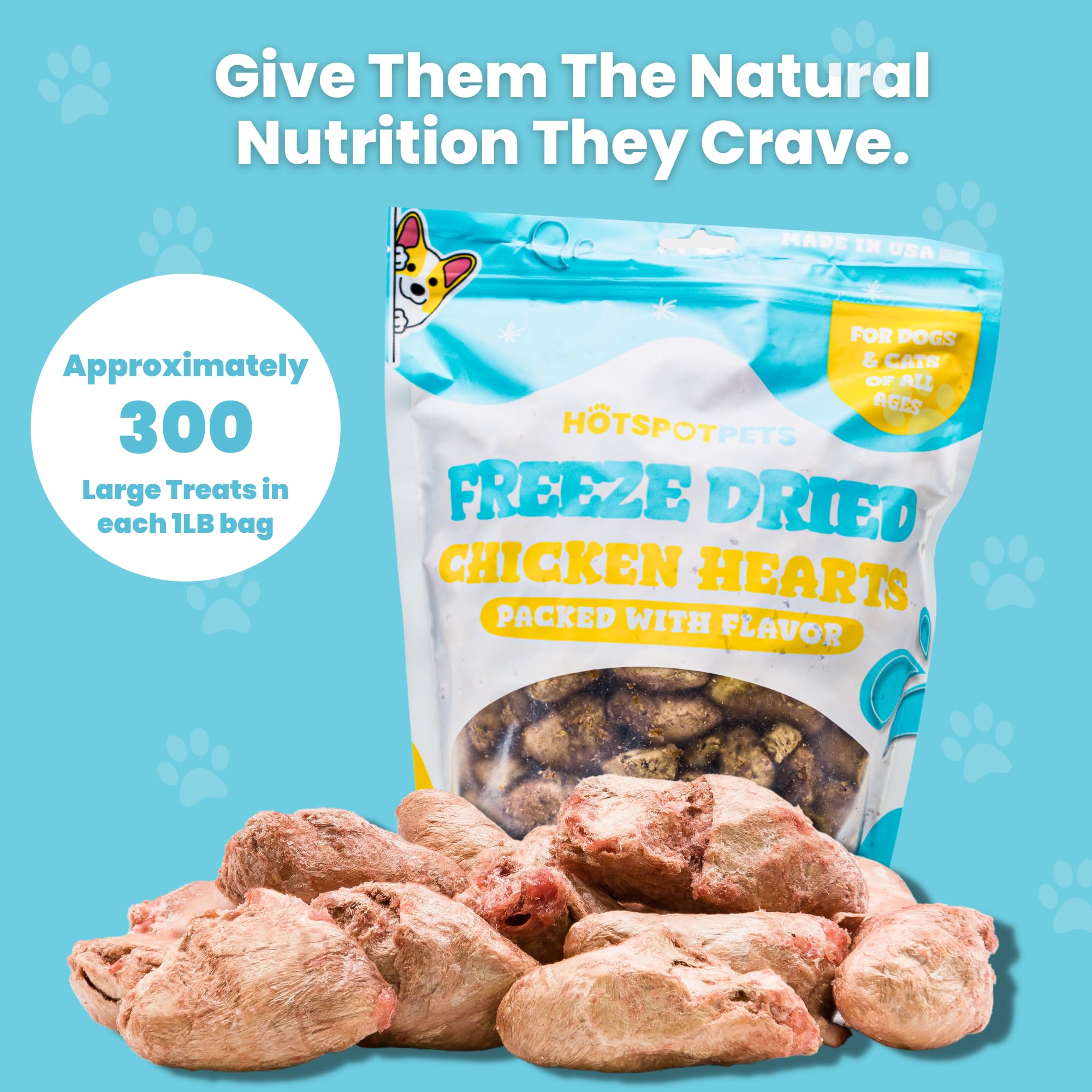 hotspot pets Corazones de pollo liofilizados para perros y gatos, bolsa grande de 450 g, fabricado en Estados Unidos, un solo ingrediente, totalmente natural, sin granos, bolsa resellable, perfecta