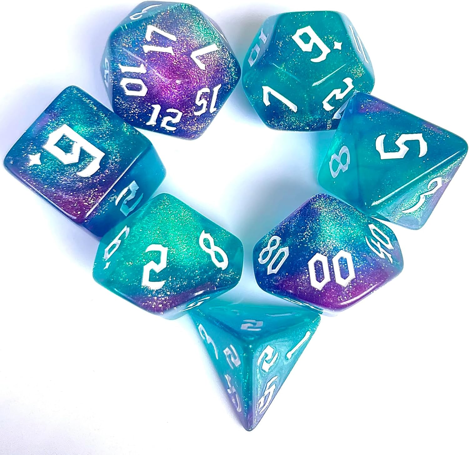 Polyhedral Dice Set, 7-Piece Translucent Teal with Glitter, White Numbers for DND