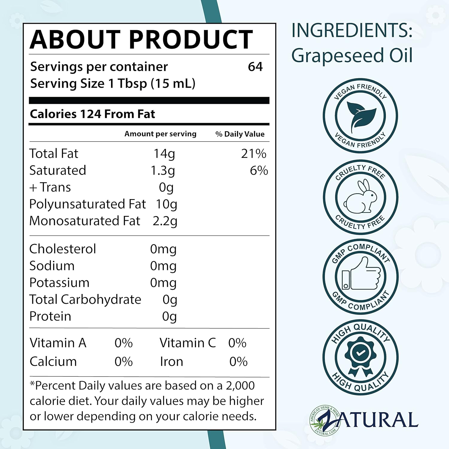 Zatural 100% Pure Cold Pressed Grapeseed Oil – Naturally Grown Virgin, High Smoke Point 450°F+, Non-GMO, Perfect for Cooking Frying Baking, Dressings Marinades & Skincare Hair (32 Fl oz)