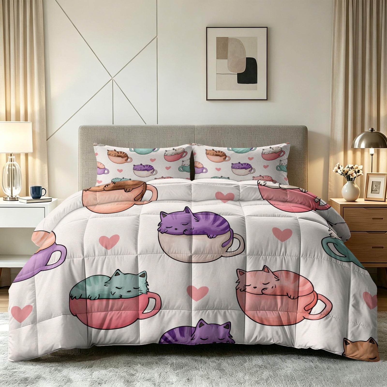Couette imprimée 200x200 cm édredon matelassé réversible chaton avec taies d'oreiller