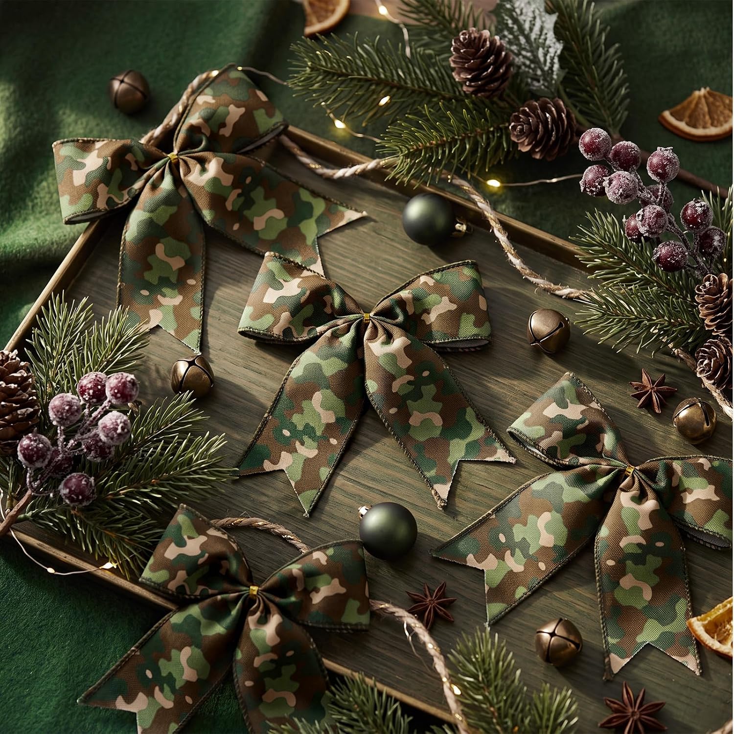 Tigeen 12 Pcs Camouflage Christmas Bows for Christmas Tree 6 Inch Camo Bows for Xmas Ornament Camouflage Decors for Gift Wrapping Garland Military Holiday Party Crafts Decoration Army Party Decors
