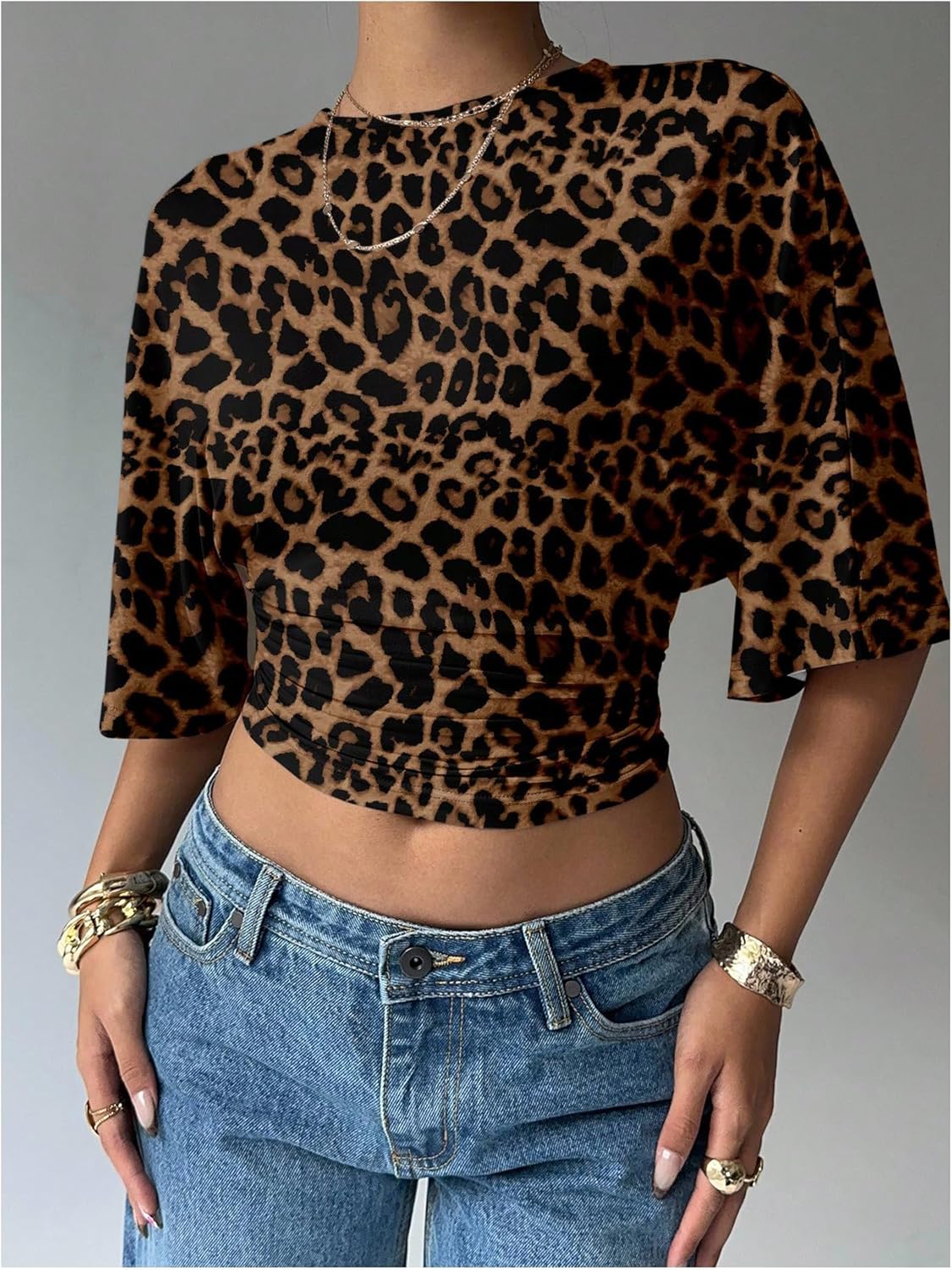 OYOANGLE Women's Cheetah Print Short Sleeve Crop Top Leopard Fitted Y2K Tshirts - Image 5