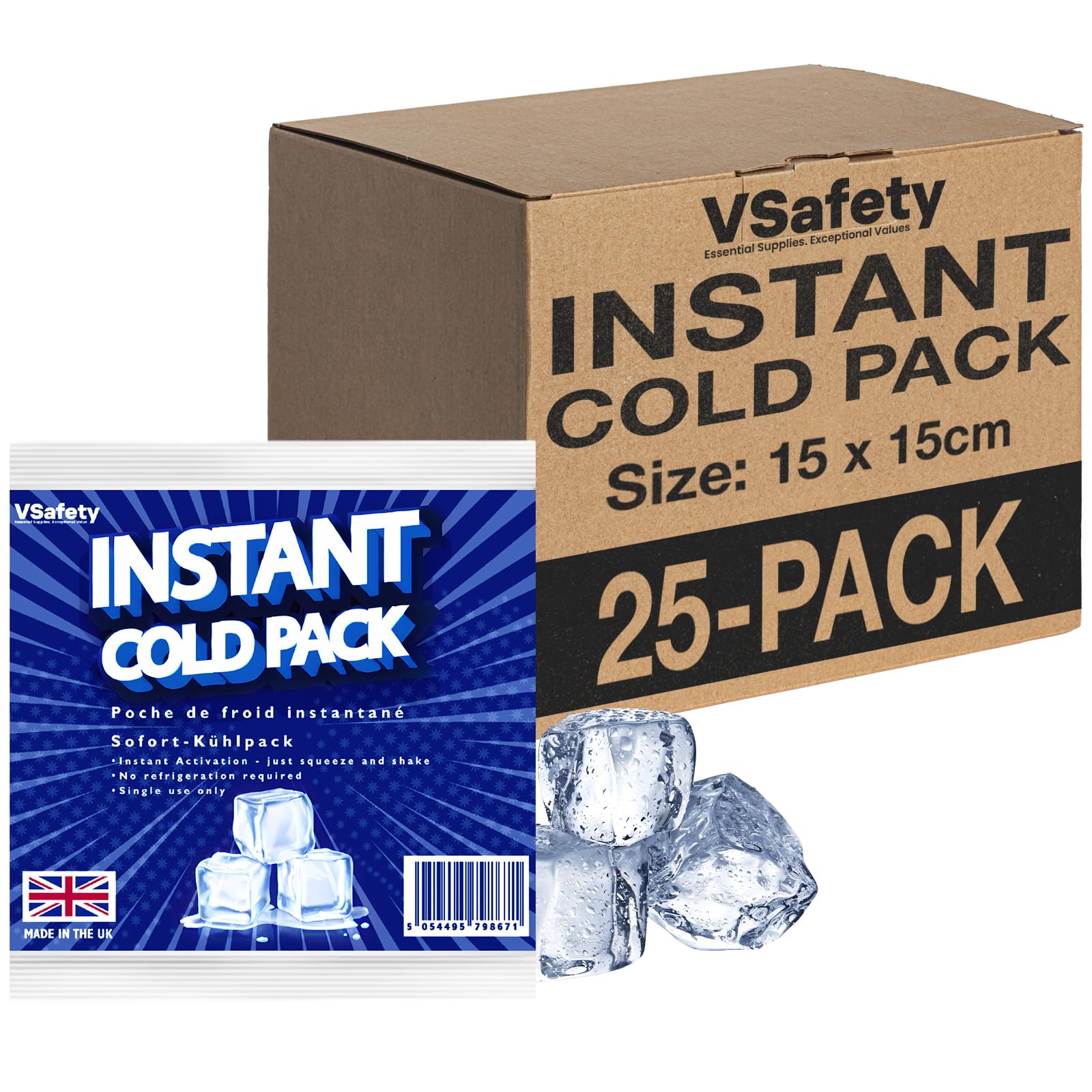 V Safety Instant Ice Packs - UK-Made Disposable Cold Compress, No Refrigeration Needed, Squeeze to Activate - Portable Cooling for Food, Drinks & Outdoor Use - Compact Travel Size (Pack of 25)