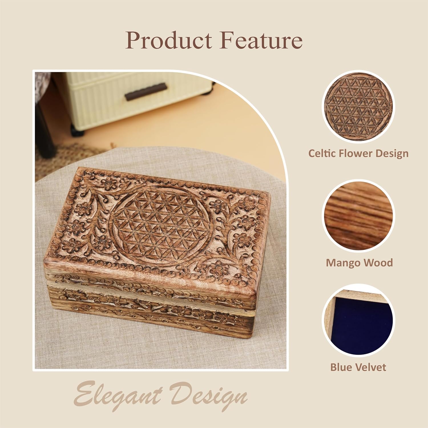 Ajuny Wooden Hand Carved Jewelry Box - Mango Wood Celtic Flower Carving Decorative Keepsake Box, Memory Box Organizer Travel Treasure Chest Trinket Holder Case Great Gifts 8x5 Inch - Image 3