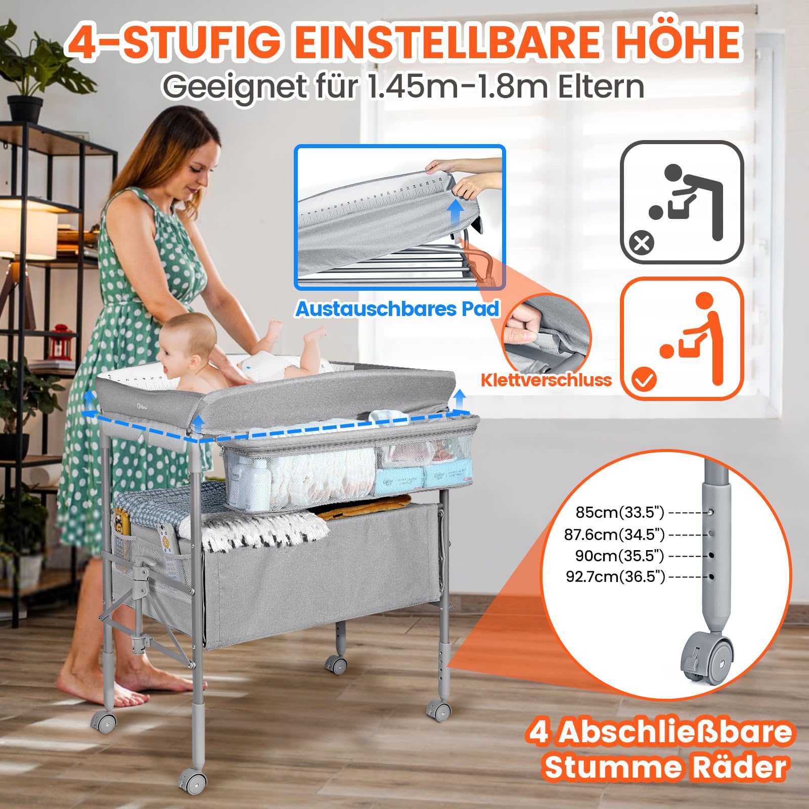 Orzbow Baby Wickelkommode mit Schubladen und Nachtlicht, Höhenverstellbarer Mobiler Wickeltisch Klappbar mit Sicherheitsgurt, Grau