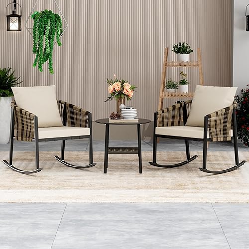 DECMICO 3-Piece Outdoor Wicker Patio Conversation Set, Rocking Bistro Chairs