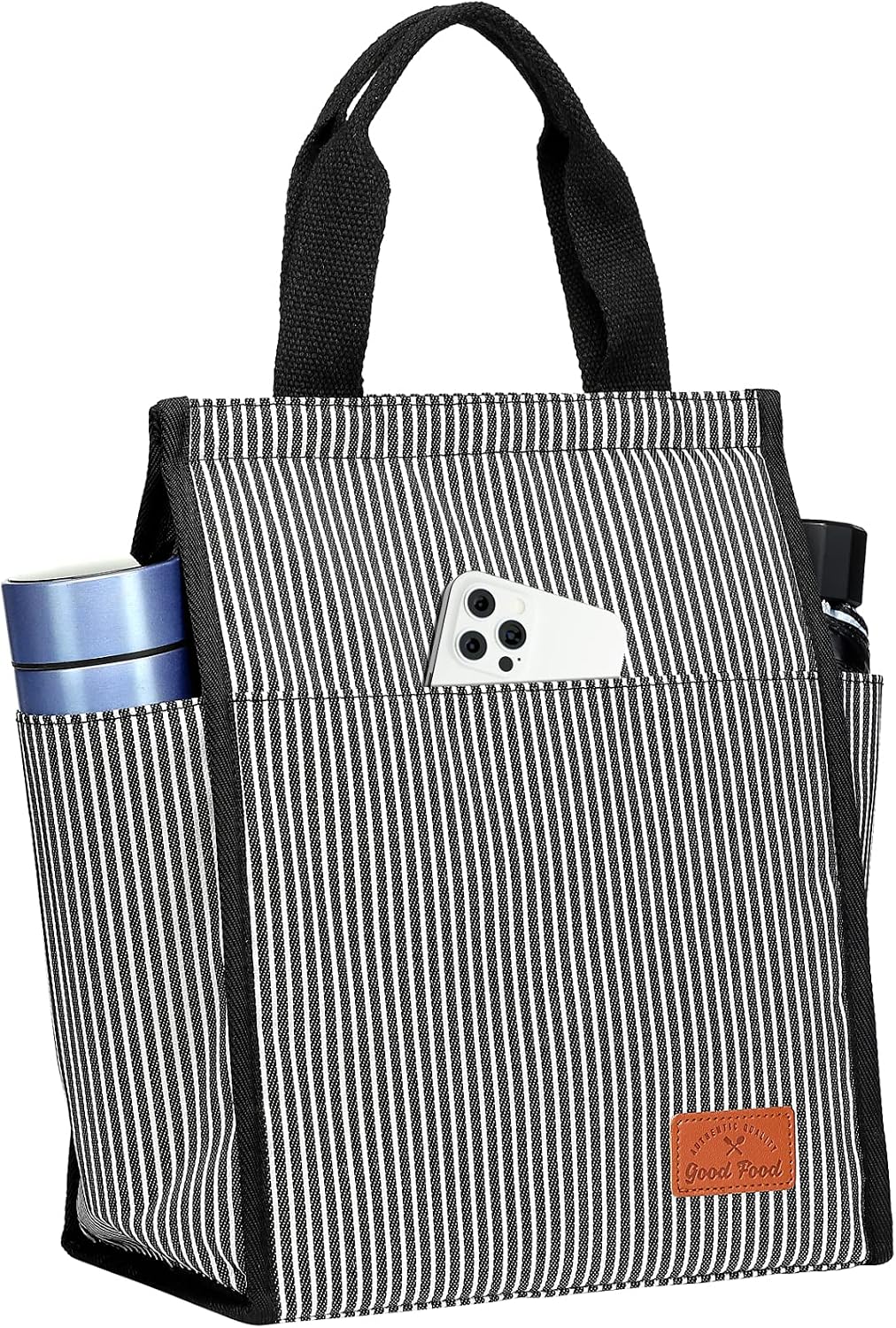 Bagseri Lunch Bag, Insulated Lunch Bag for Women Men with Hook and Loop Closure Portable Reusable Adult Lunch Tote Cooler Bag Thermal Organizer, Work and Travel Black White Strip