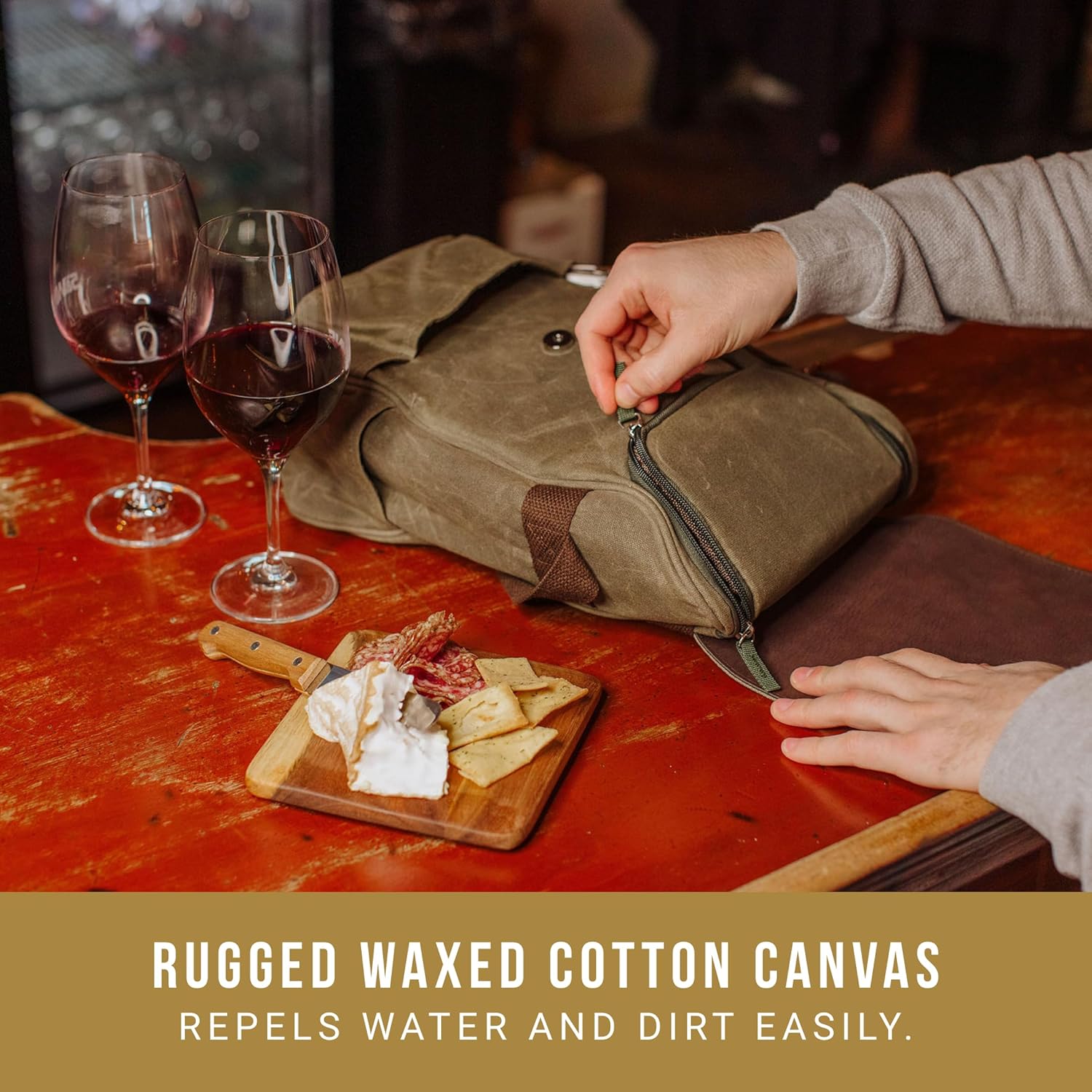 PICNIC TIME 2 Bottle Insulated Wine Bag with Cheese Board and Knife Set - Wine Picnic Bag - Distressed Waxed Canvas Wine Tote, (Khaki Green with Brown Accents)