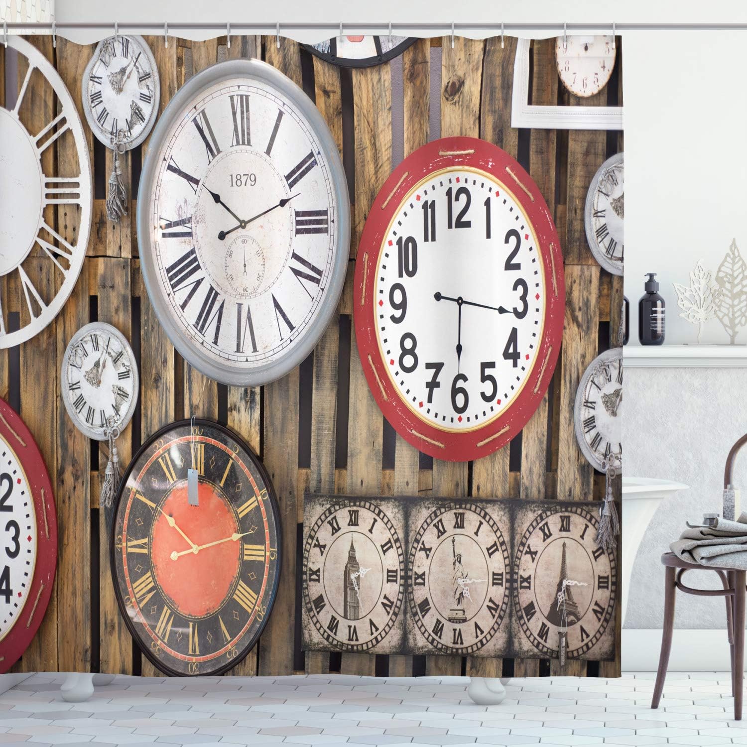 Ambesonne Clock Shower Curtain, Antique Clocks on The Wall Instruments of Time Vintage Design Pattern Art, Cloth Fabric Bathroom Decor Set with Hooks, 69" W x 84" L, Brown and Red