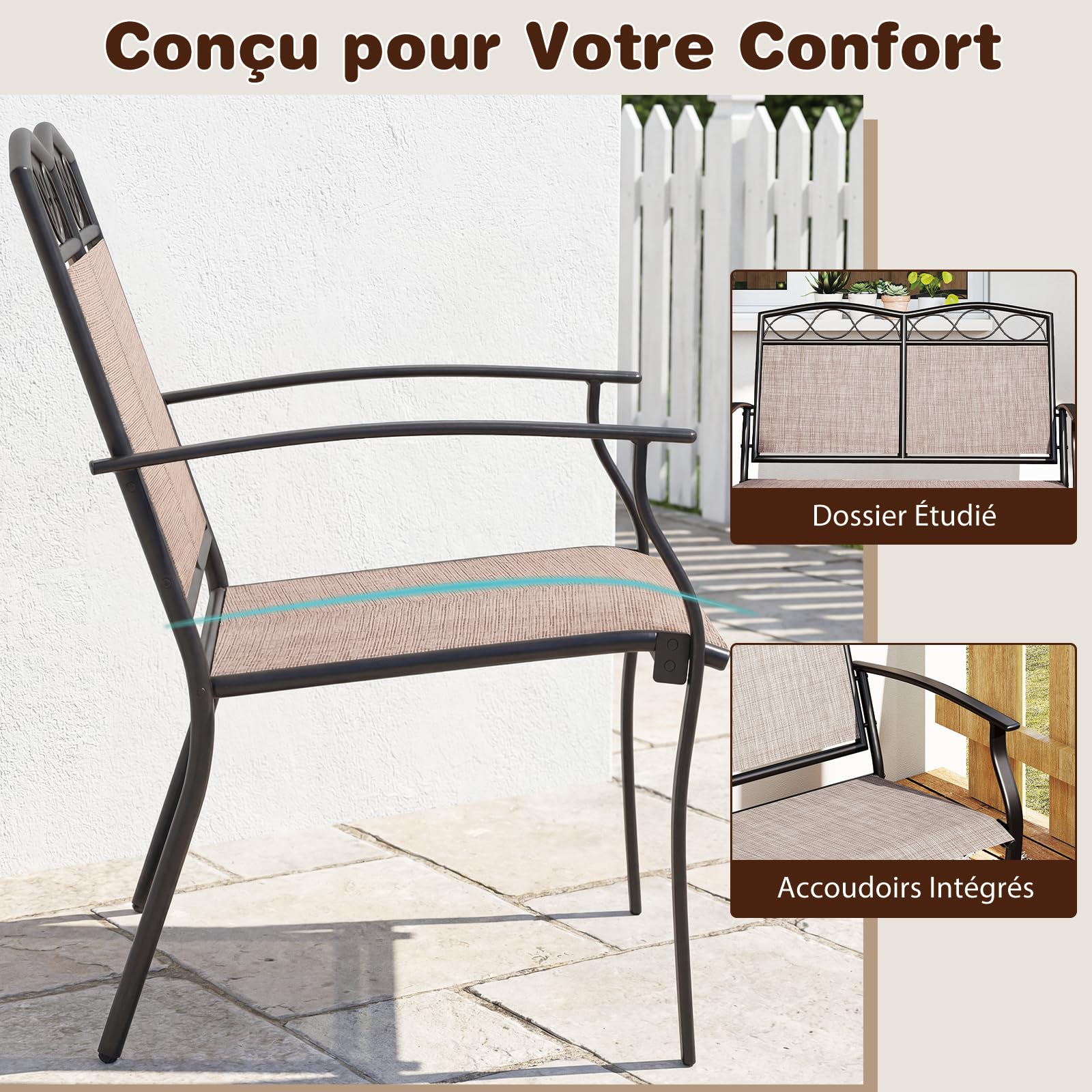 GIANTEX Banc Exterieur Jardin avec Dossier et Assise en Tissu Respirant, Charge 300 kg, Cadre en Métal Robuste avec Accoudoirs, Banquette Exterieur Jardin 2 Places pour Porche, Patio, Piscine, Marron