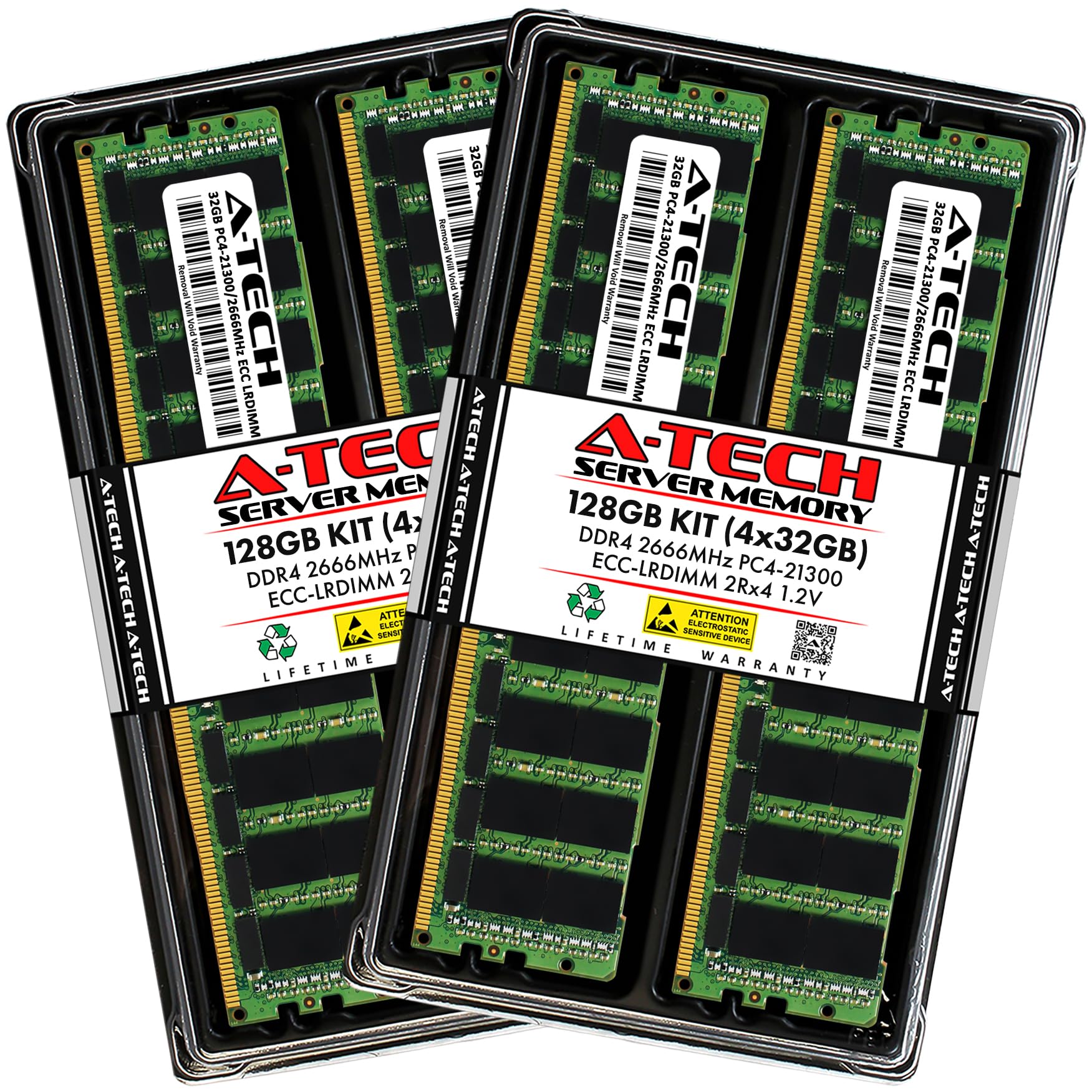 A-Tech Kit da 128 GB (4 x 32 GB) DDR4 2666 MHz PC4-21300 ECC LRDIMM 2Rx4 Dual Rank 1,2 V carico ridotto DIMM 288-Pin Server RAM Moduli di aggiornamento (A-Tech Enterprise Series)