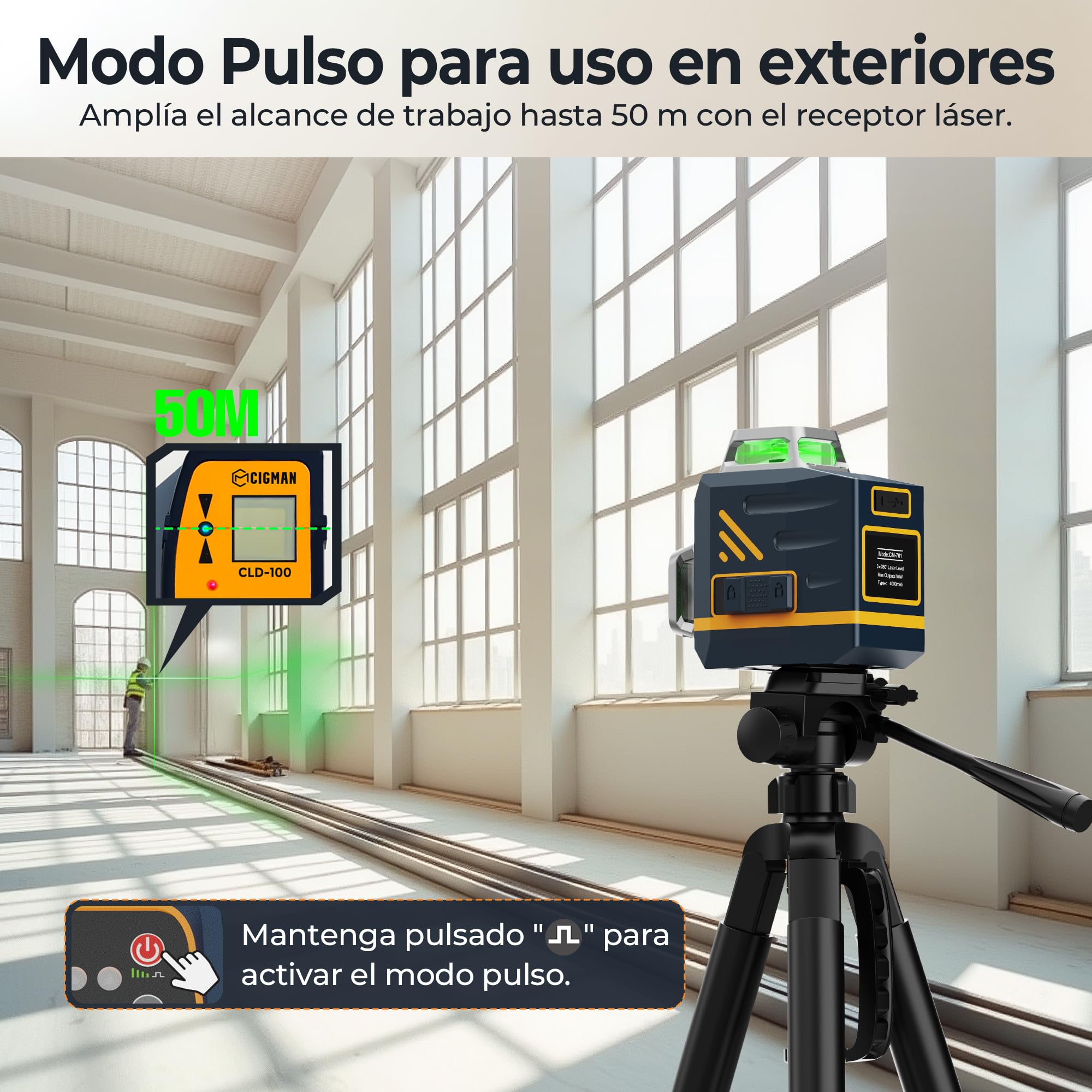 CIGMAN CM701 Nivel Láser de Línea, Autonivelante 360 Grados, 3x360°, 3D Nivelador, 30M Alcance, Con Control Remoto, Doble Soporte, Estuche acolchado, Batería Recargable, IP54