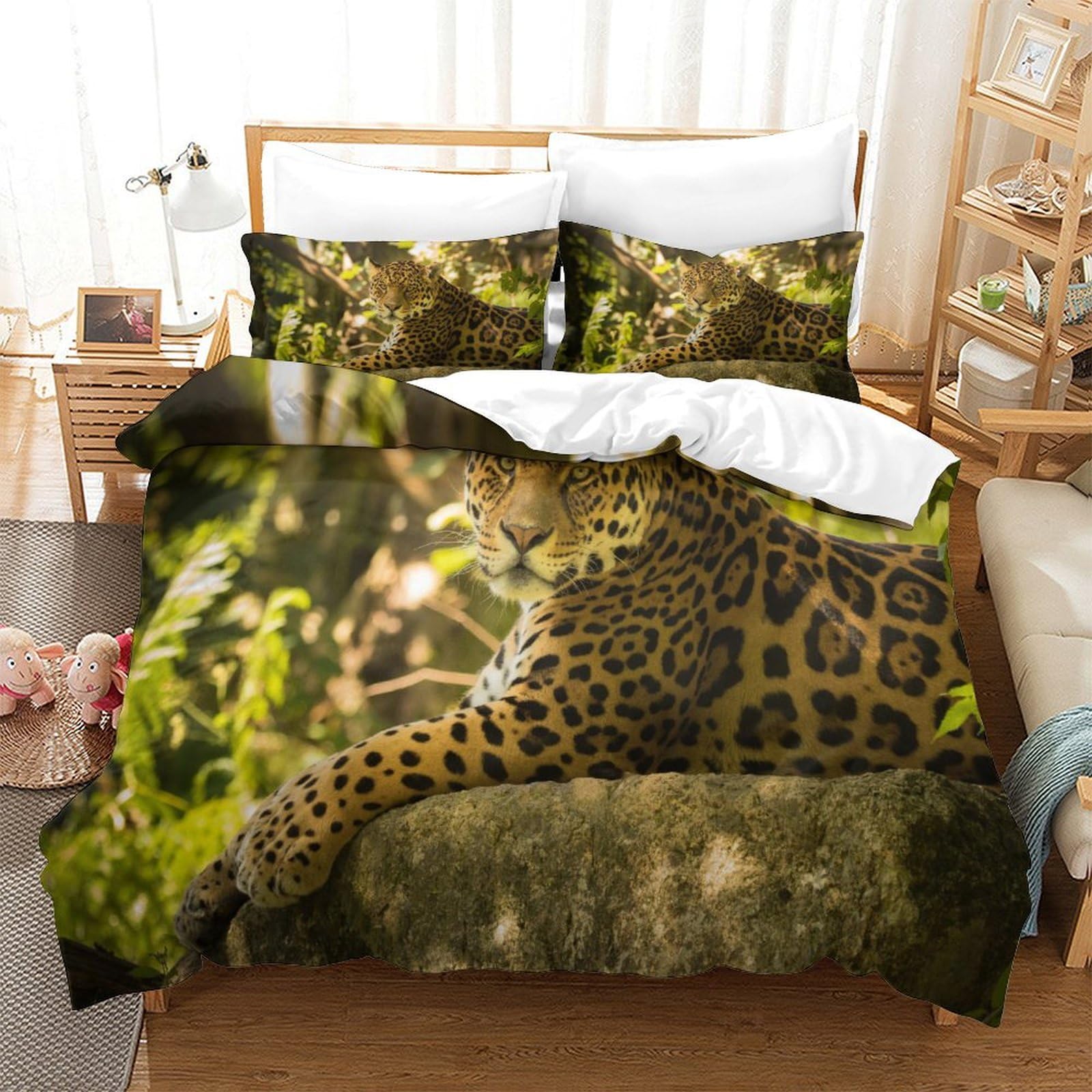 P1s9u7w5y Jaguar-4 Wild Nature Leopard 3D Printed Duvet Cover Set 3Pcs Microfiber Jungle Animal Bedding Set King（220X240cm）