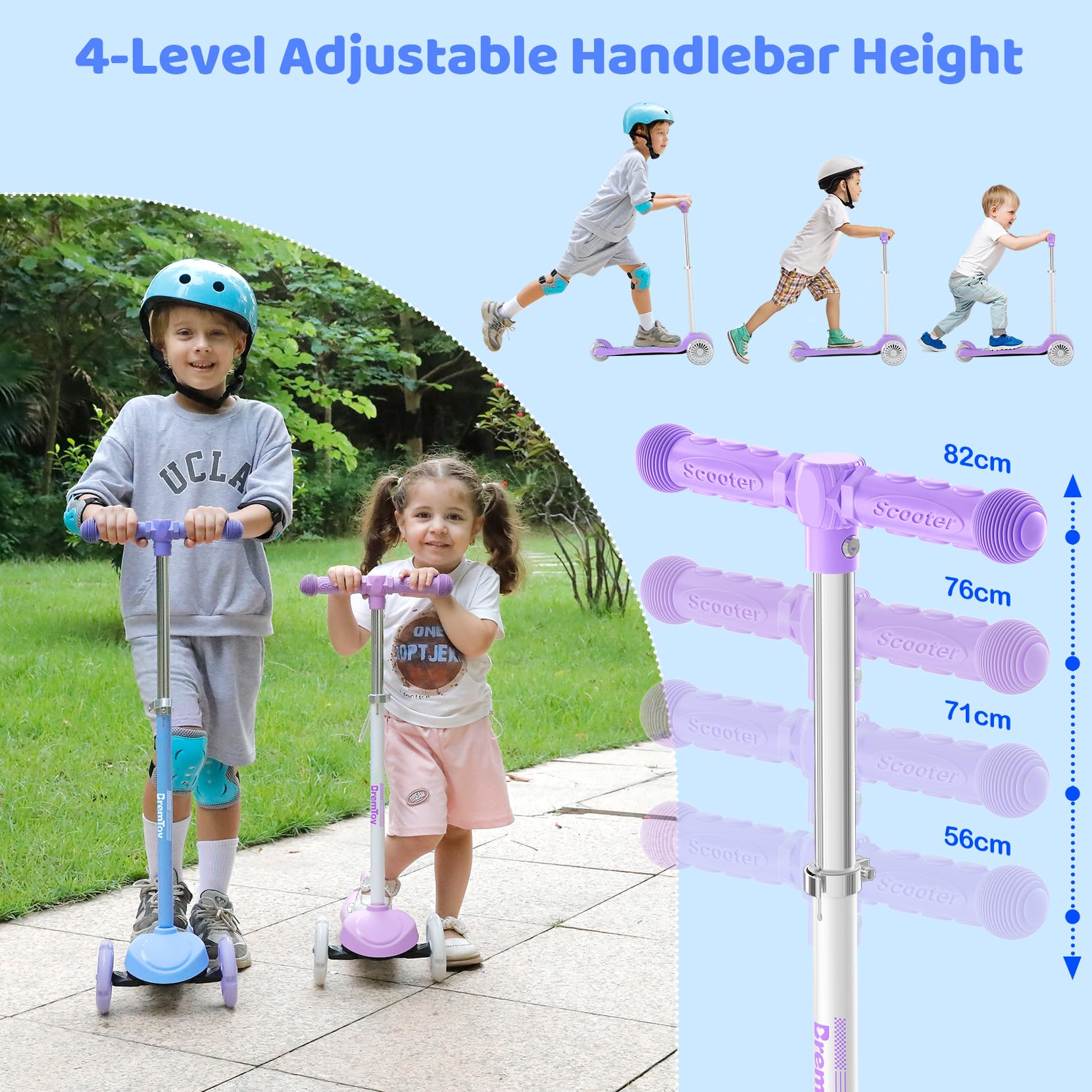 BremToy Monopattino Bambini 3 Anni, Monopattino per Bambini con Ponte Illuminato e Ruote in PU a LED, Altezza Regolabile su 4 Livelli, Frenata Reattiva, Leggero, per Principianti da 3 a 8 Anni